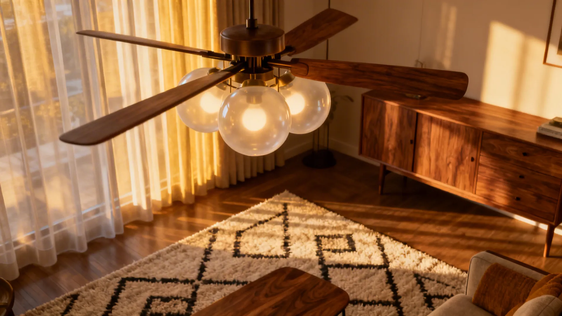 Mid-century living room with a globe chandelier and walnut fan blades integrated behind it.