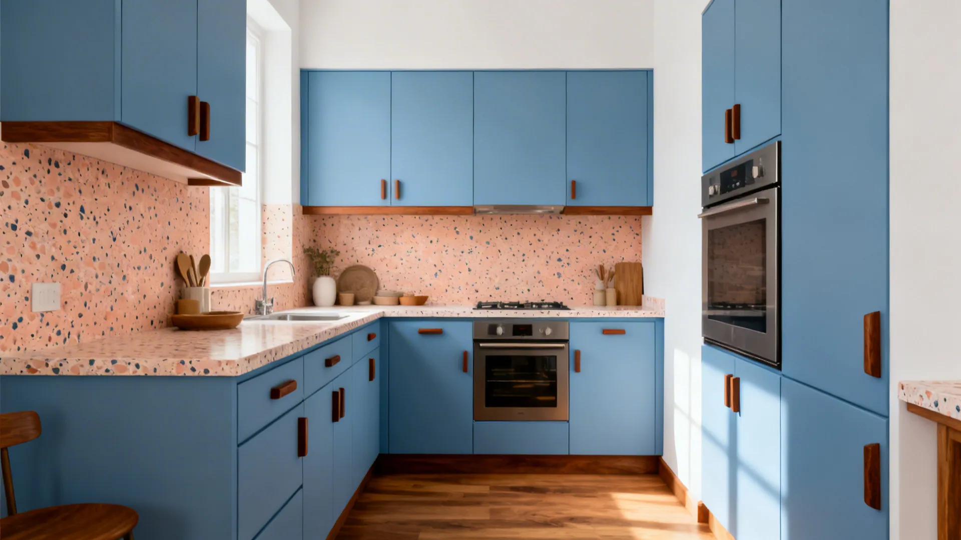 Mid-Century Spin: Blue Cabinets, Peach Terrazzo, Walnut Accents