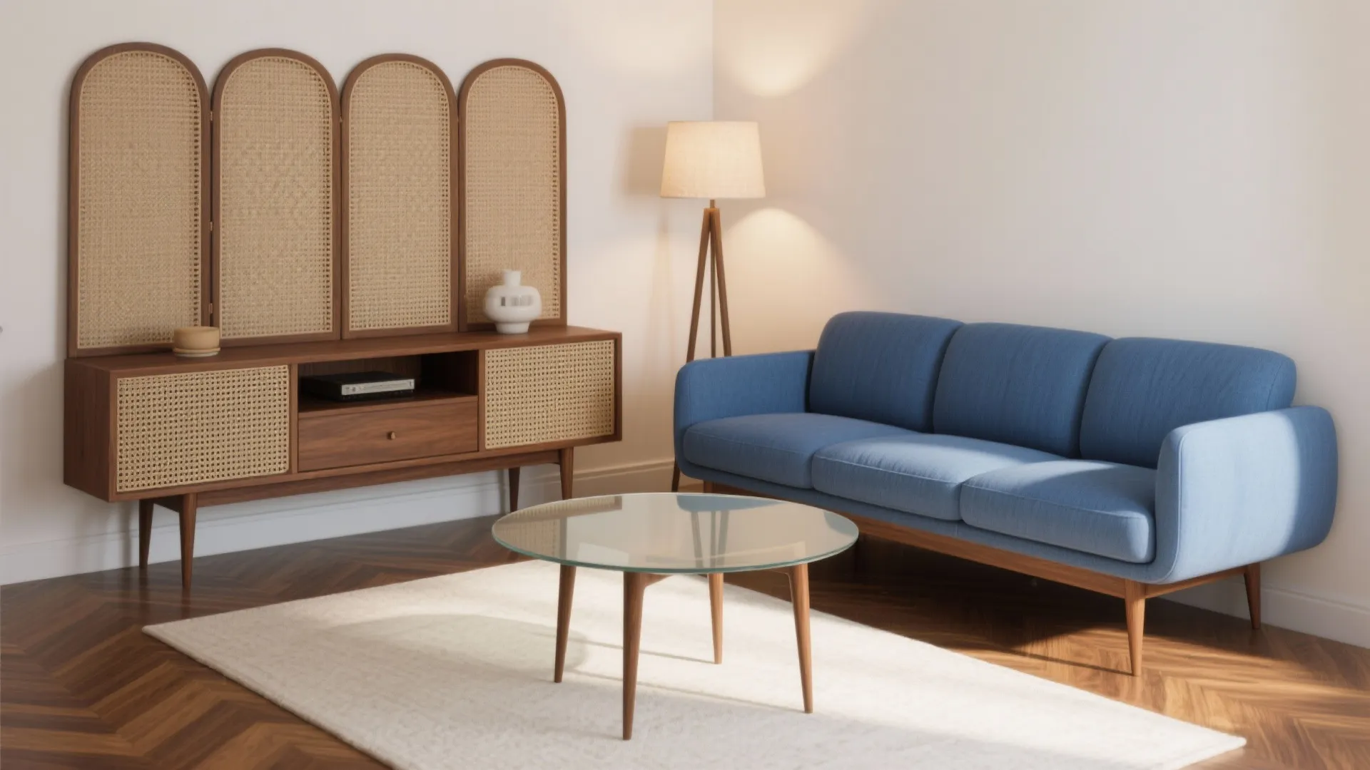Modern blue sofa with wooden legs next to a cabinet with woven doors and glass