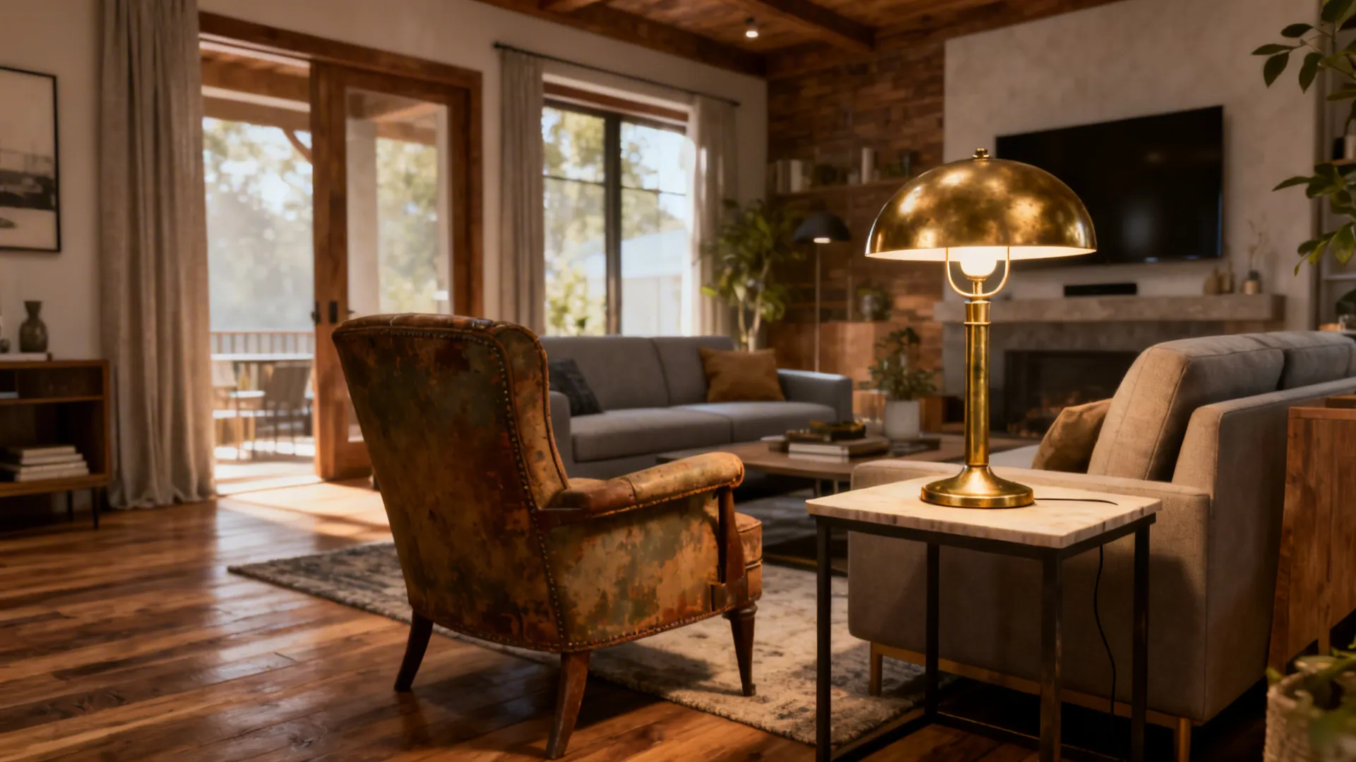 Living room with a mid-century brass table lamp on a side table beside an armchair and sofa, warm wood tones.
