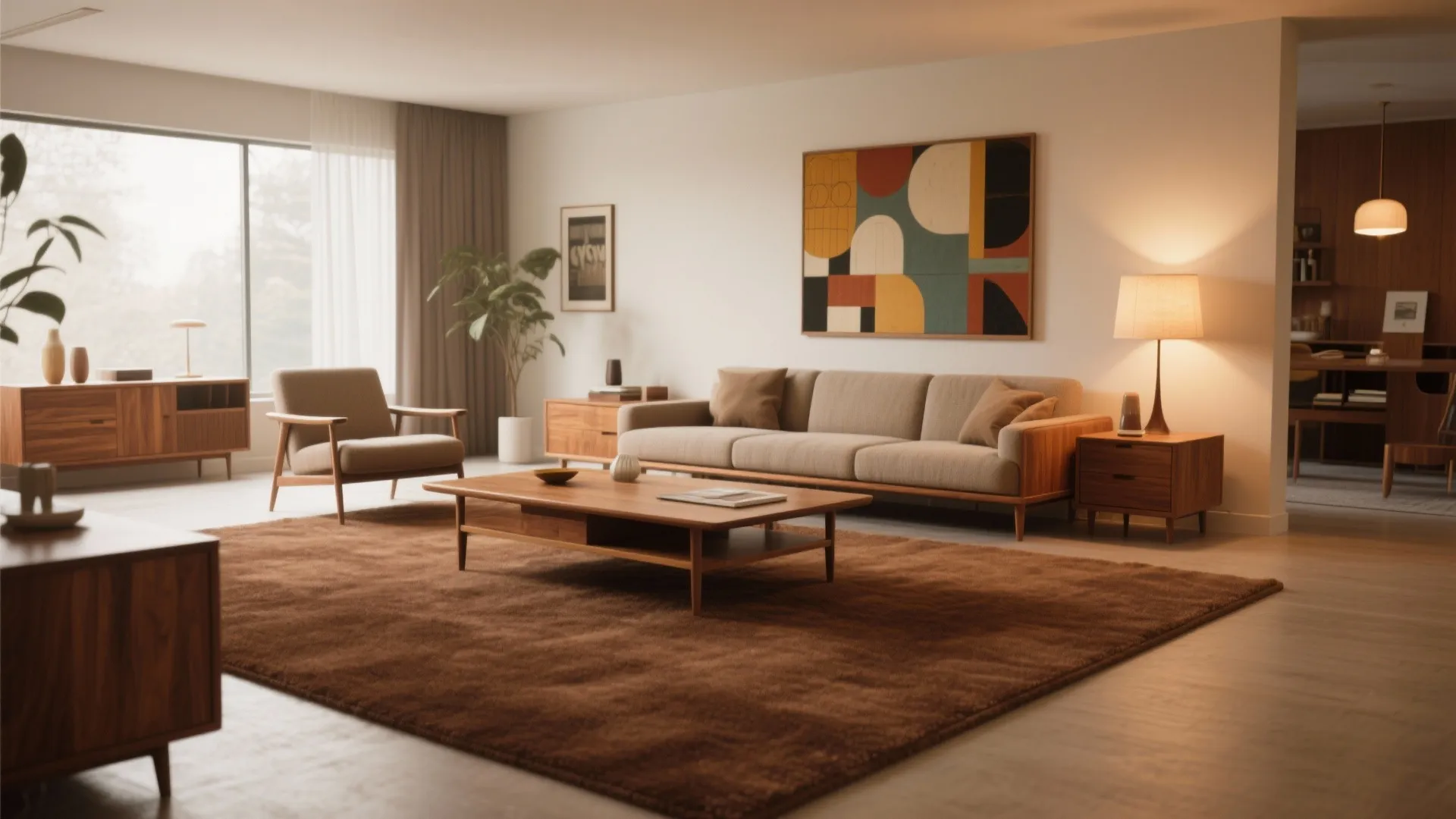 Mid-century living room with brown carpet and teak furniture