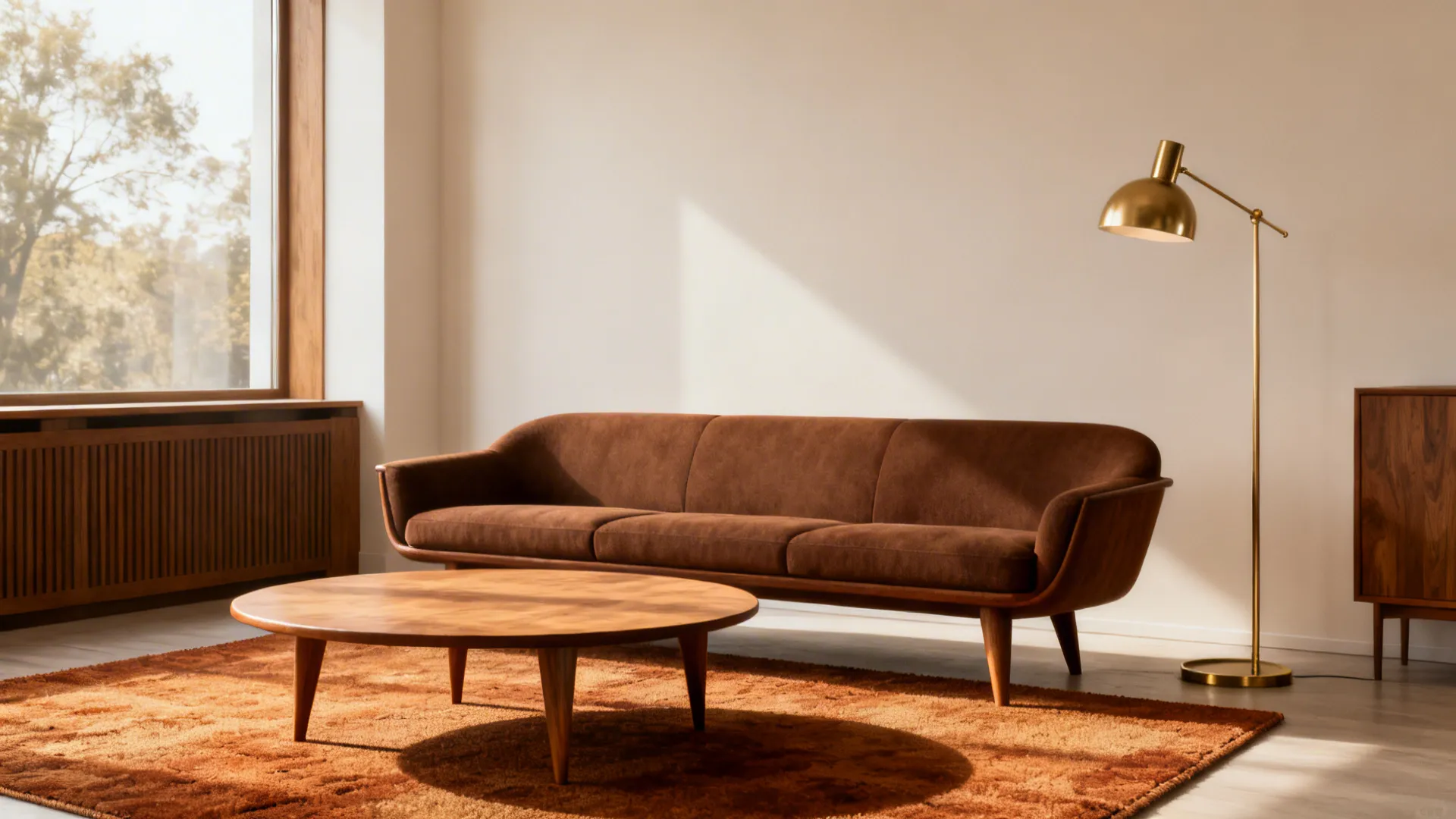 Mid-century modern living room with a brown couch, wooden table and brass lamp.