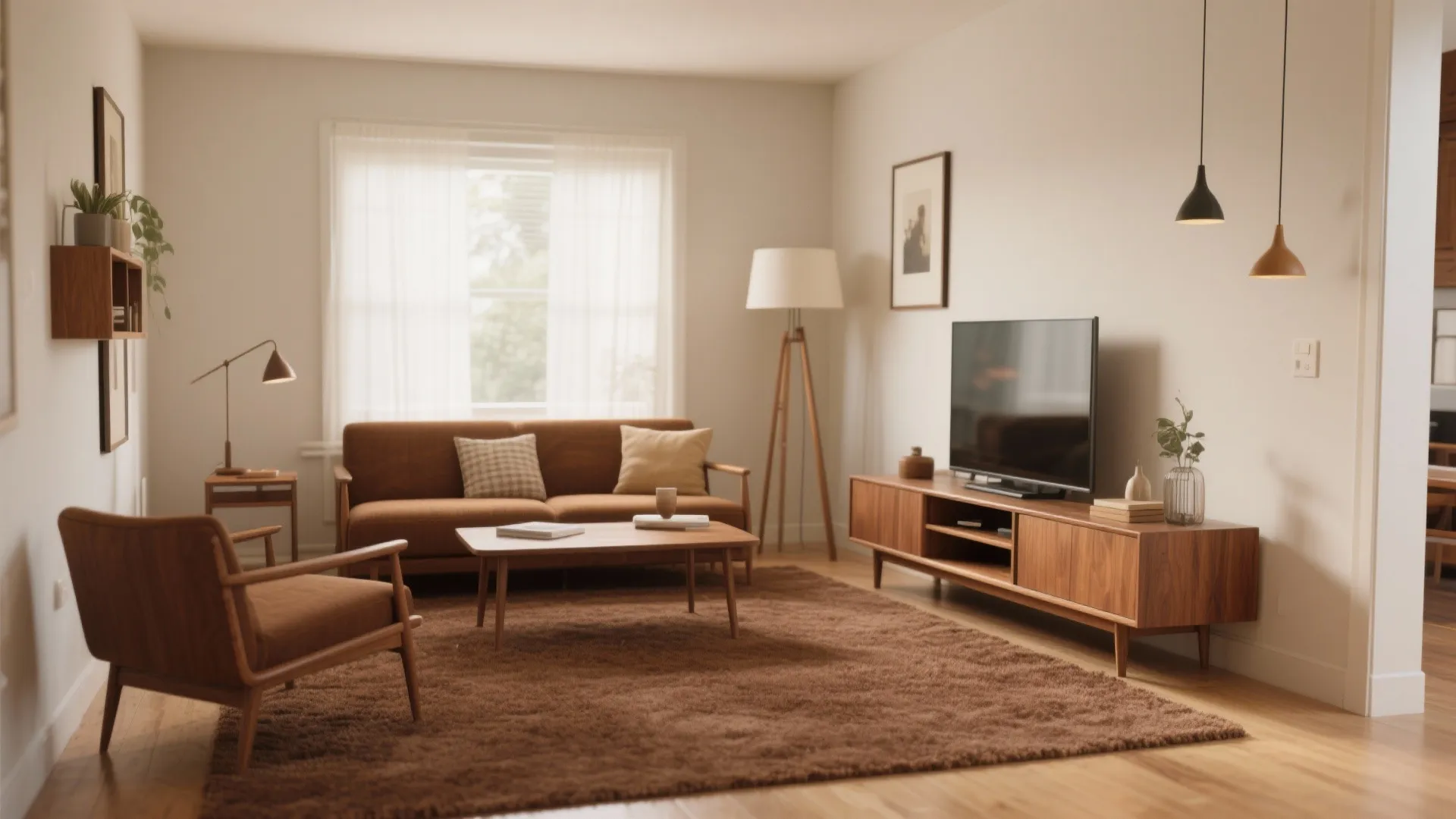 Mid-century modern living room with brown carpet and walnut furniture