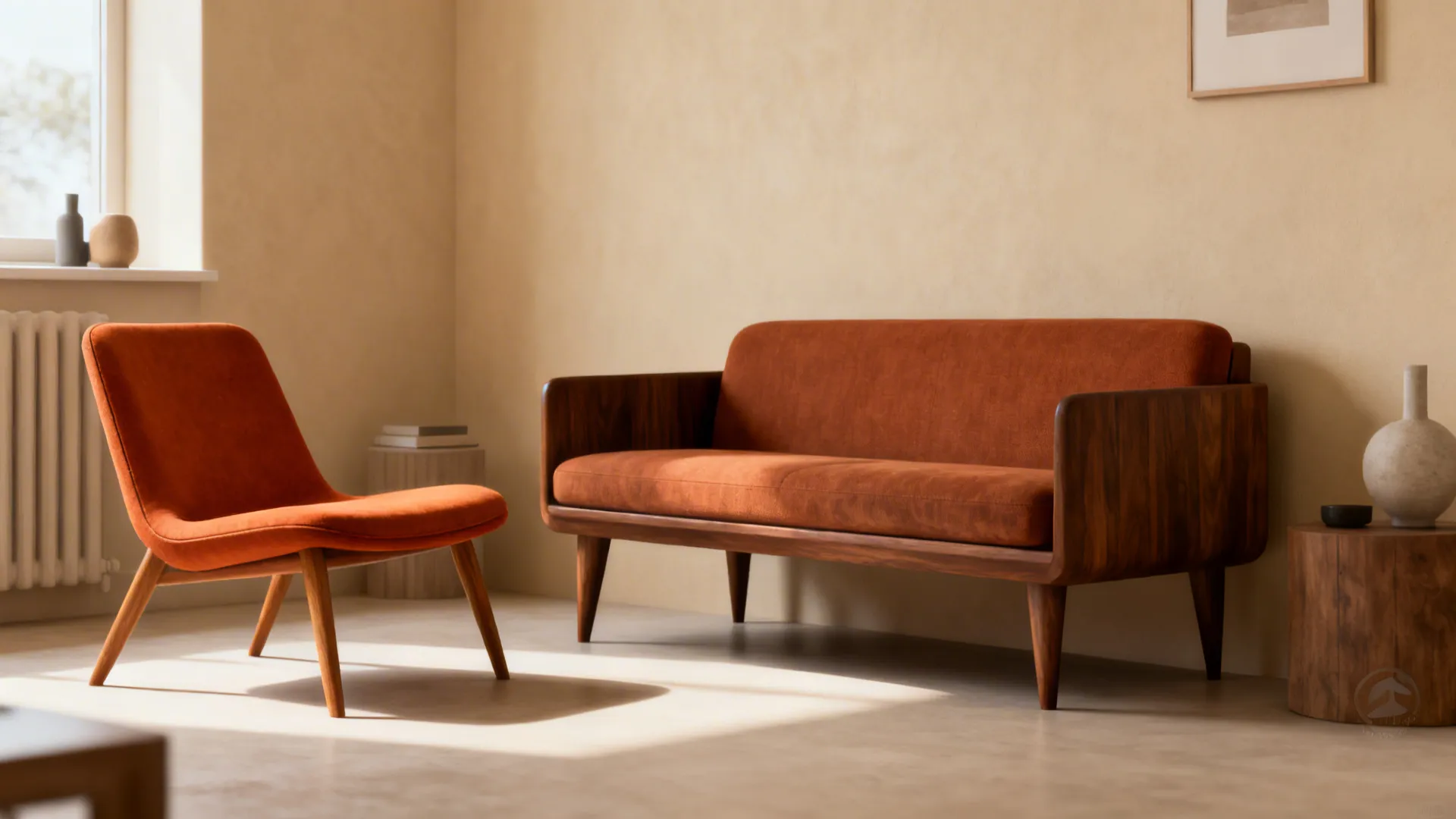 Compact mid-century living area with walnut furniture and a burnt-orange lounge chair.