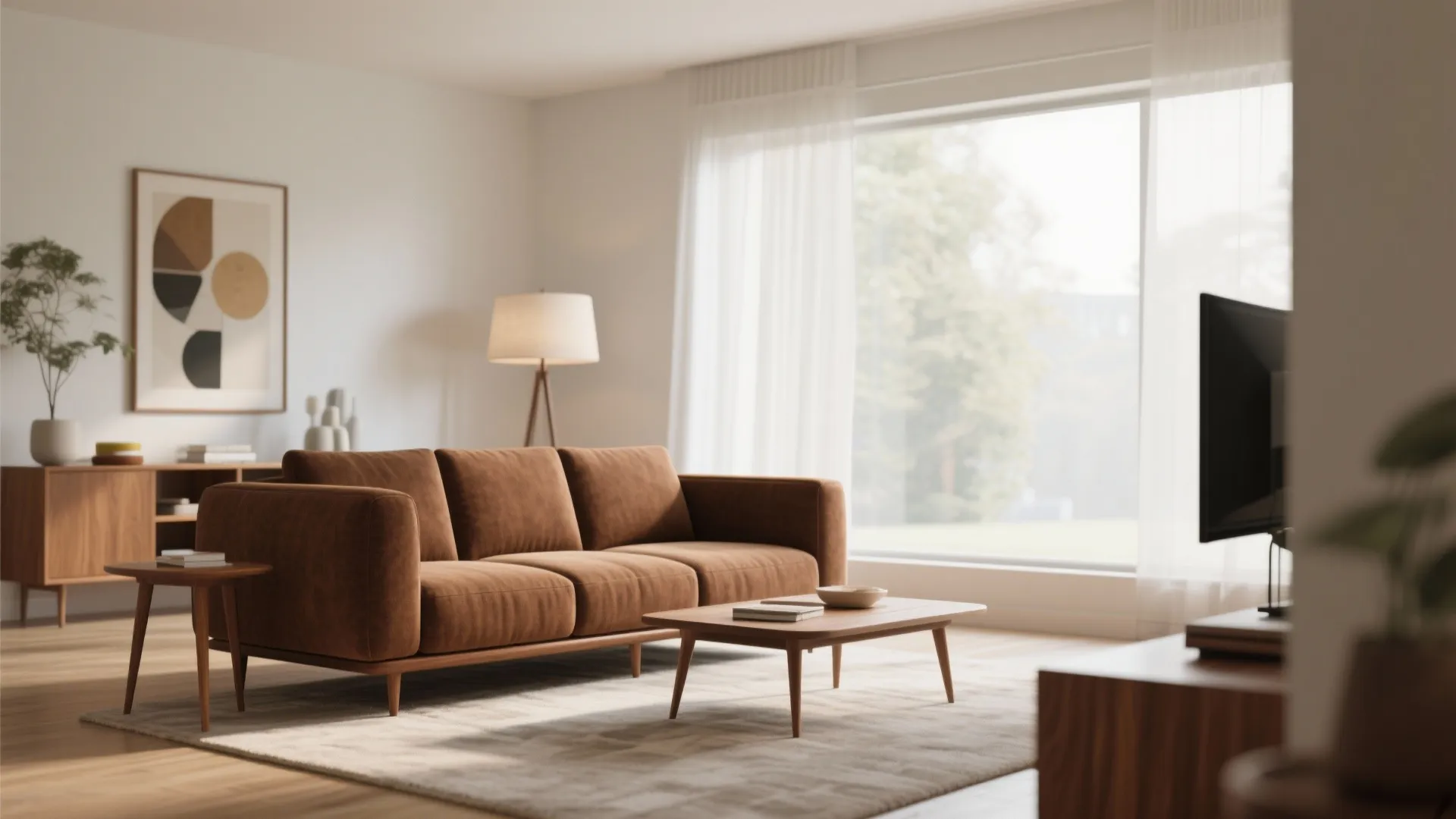 Mid-century modern living room with brown sectional