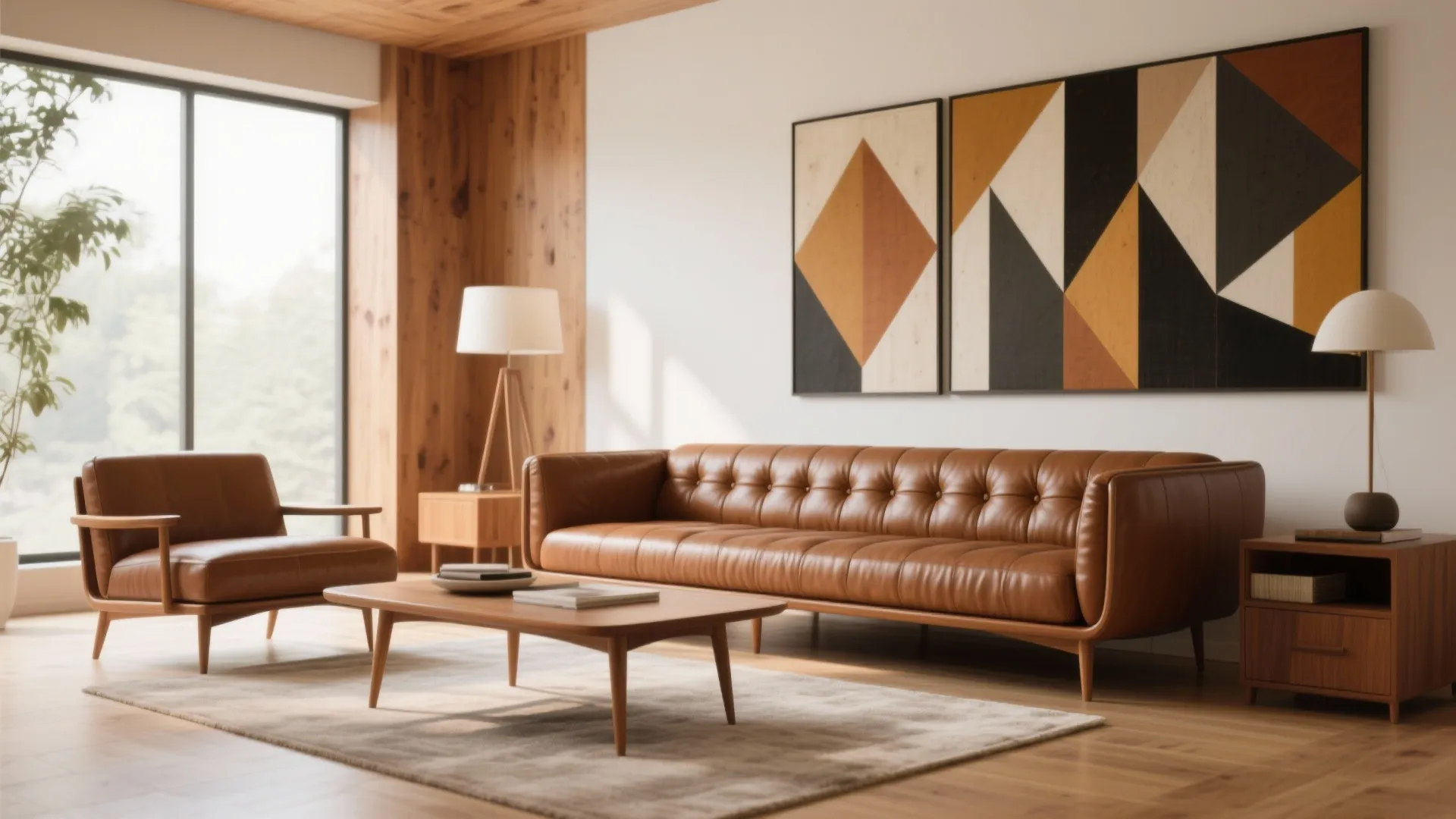 Mid-century modern living room with a tufted brown leather sofa