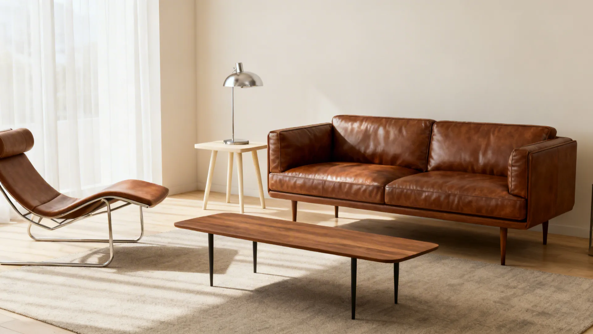 Compact living room with brown leather sofa and mid-century modern furniture