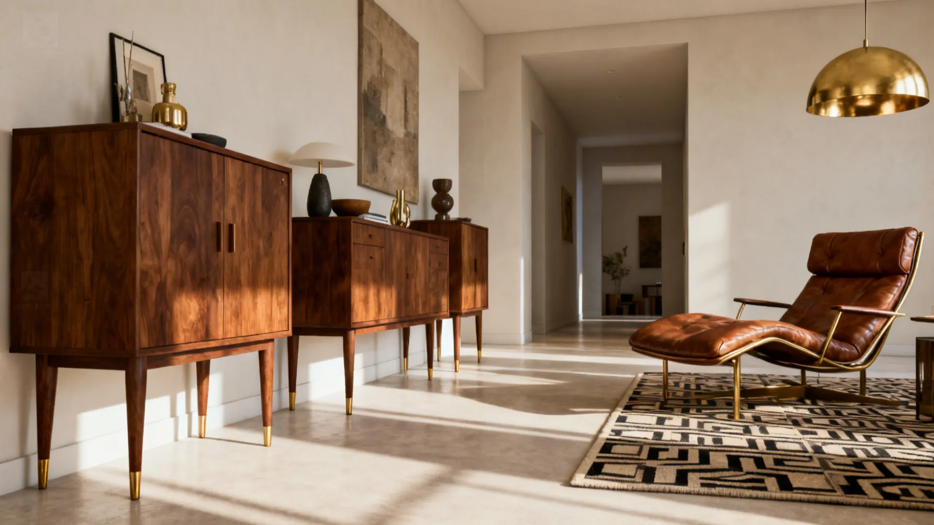 Mid-century inspired living area with walnut furniture, tapered legs, brass lighting, and geometric rug.