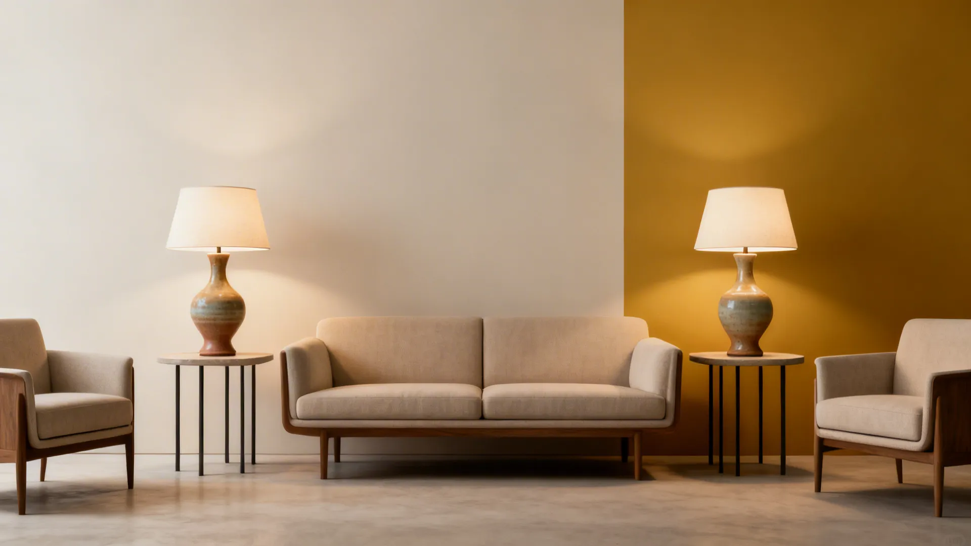 Pair of mid-century ceramic base lamps on slim side tables in a minimalist small living room.