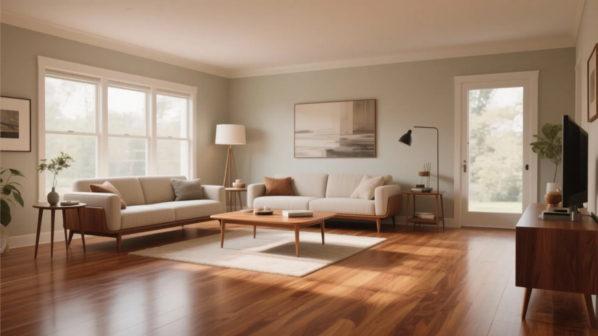 Mid-century modern living room with cream sofas, wooden coffee table, windows, and warm wooden floors