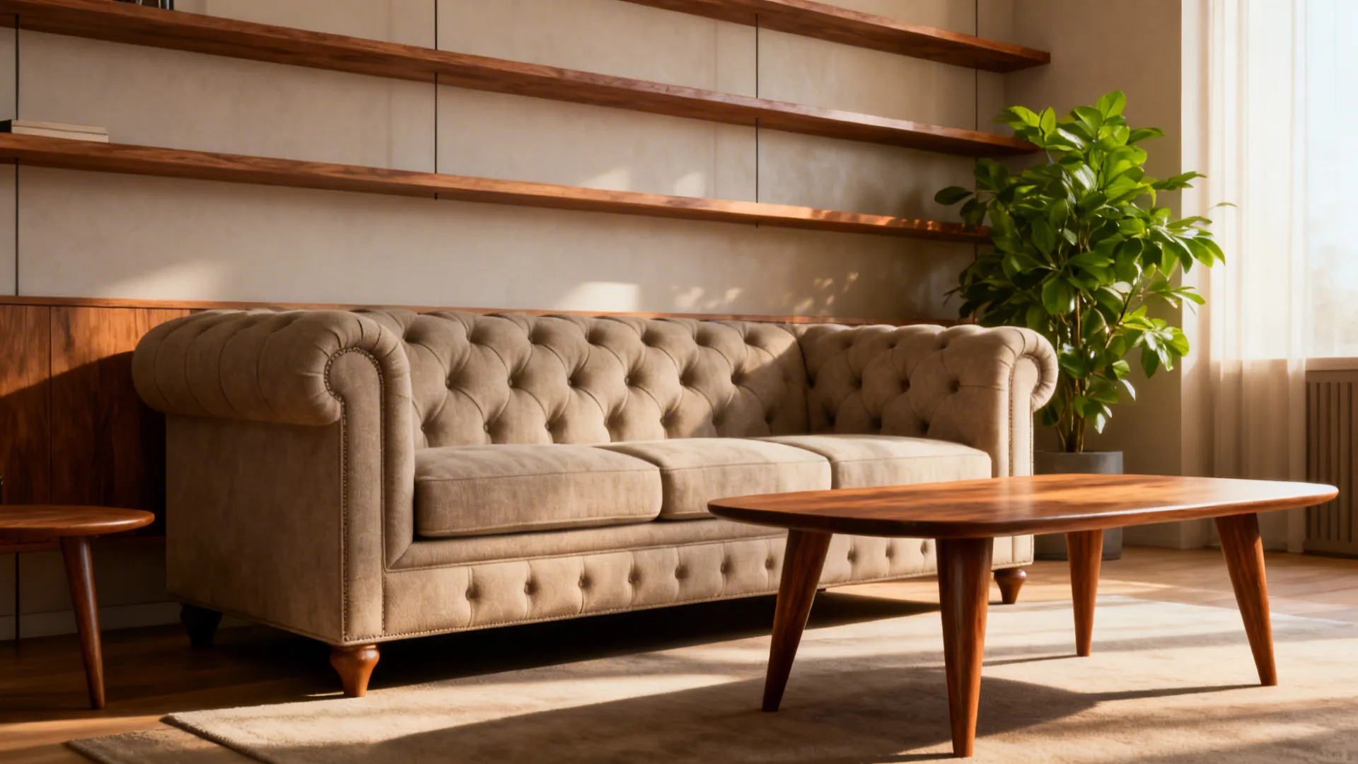 Chesterfield sofa paired with tapered wood coffee table and minimalist shelving in a warm mid-century mix.