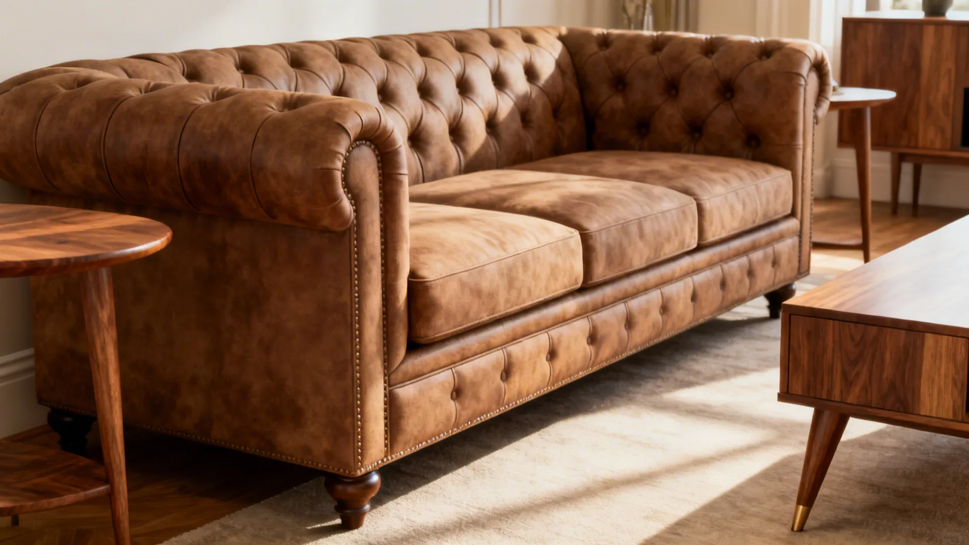 Chesterfield paired with mid-century side tables and tapered-leg media unit, warm wood tones
