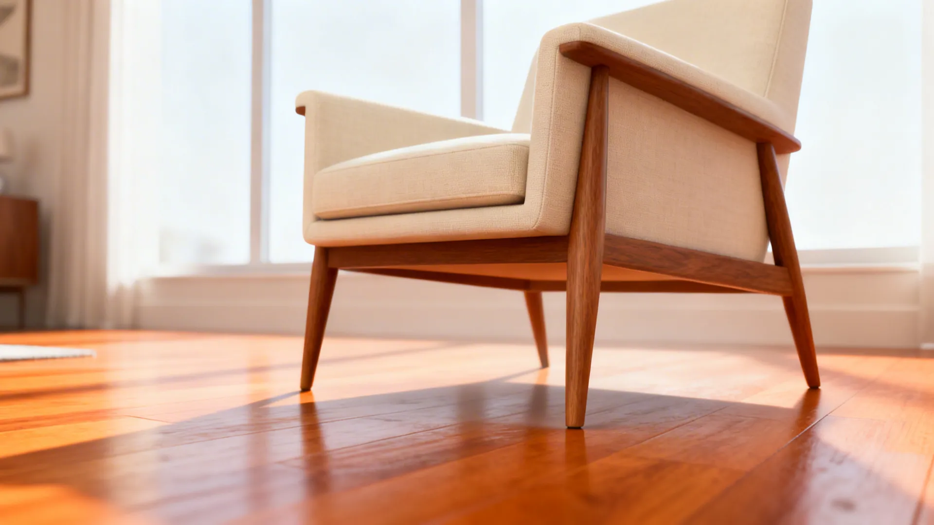Mid-century upholstered club chair with tapered legs lifting the frame and showing floor space