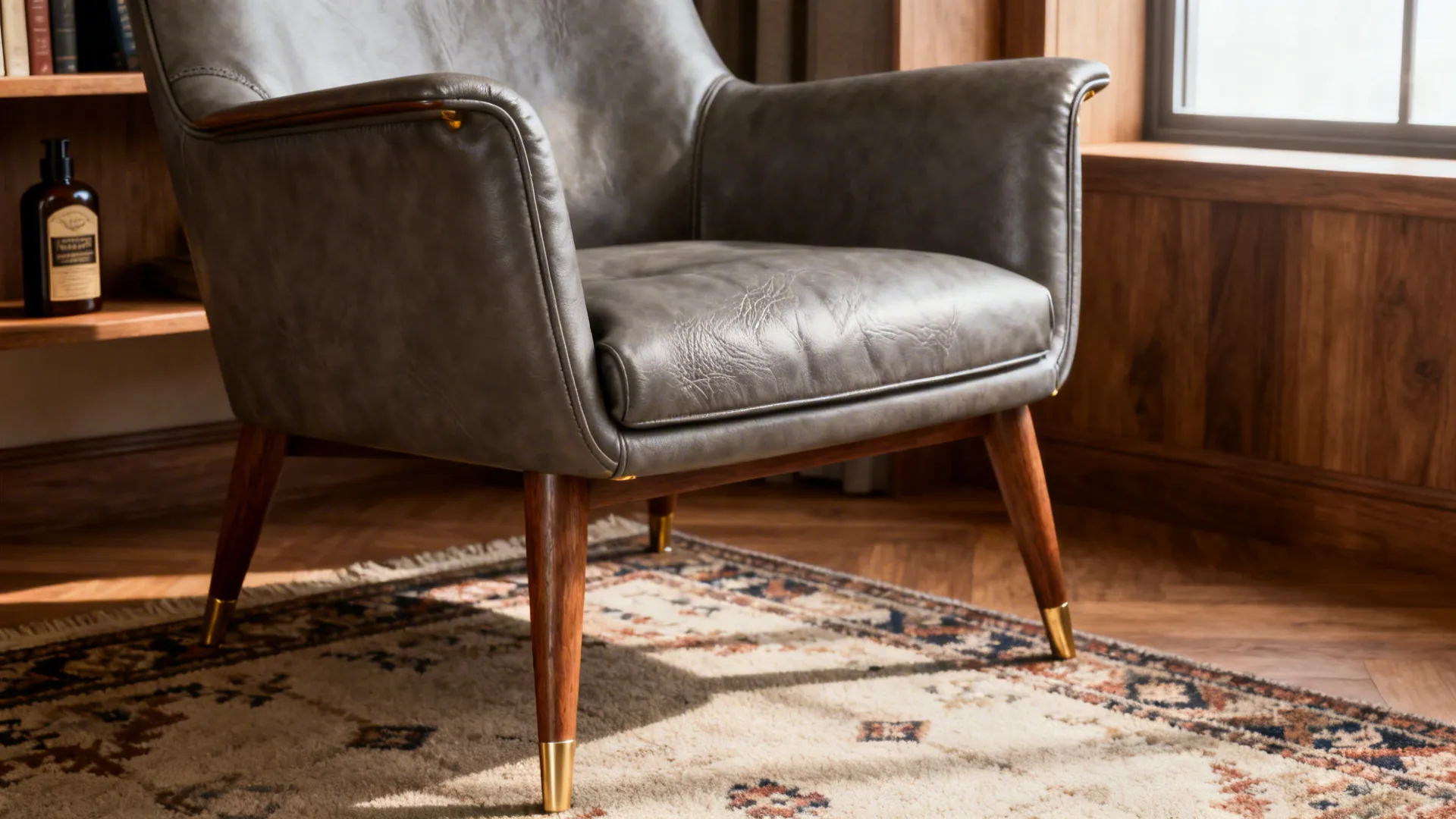 Gray leather mid-century club chair with tapered legs in a warm reading nook with wood and brass accents.