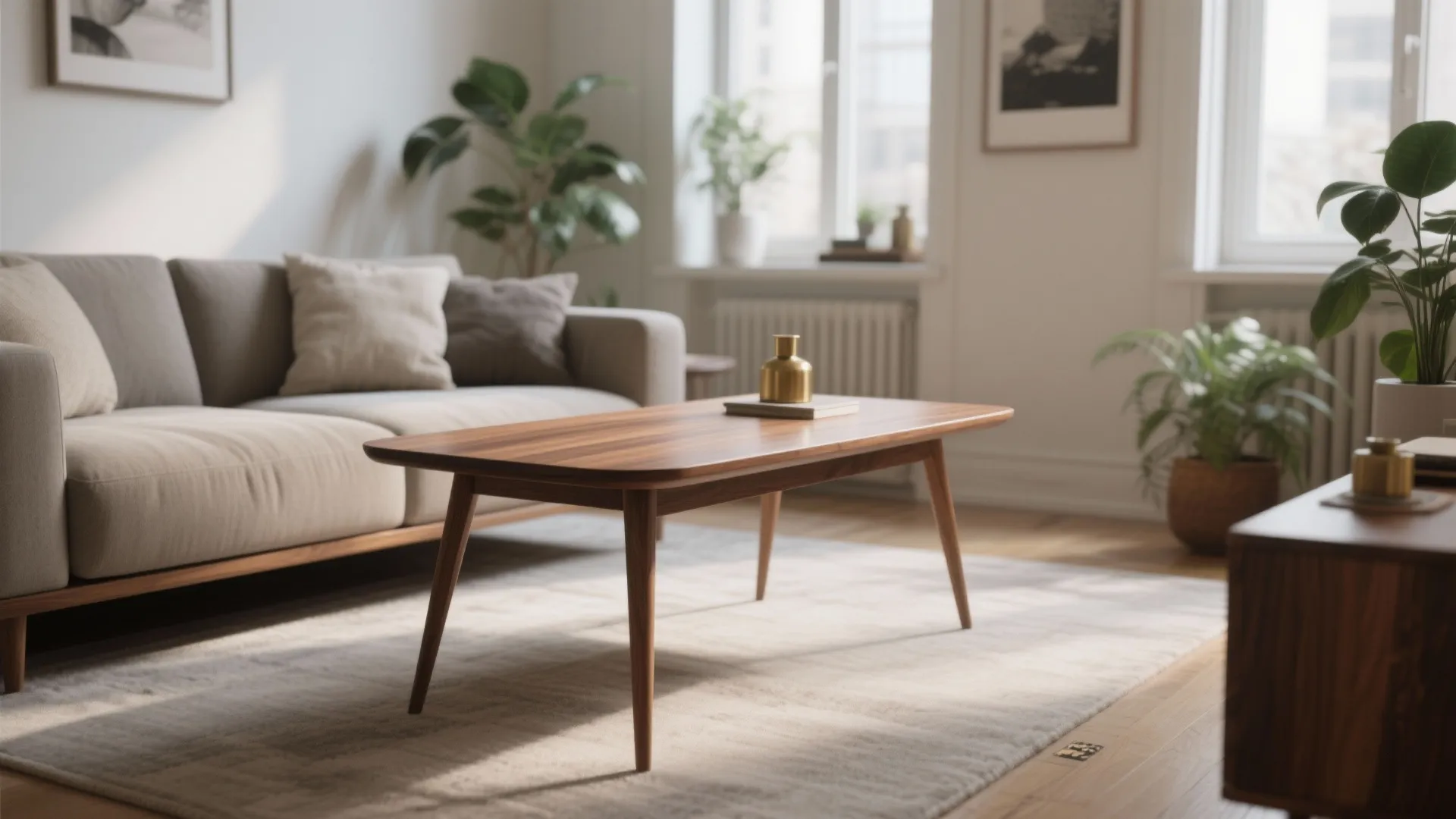Modern wood coffee table on a white rug in living room with sofa and plants