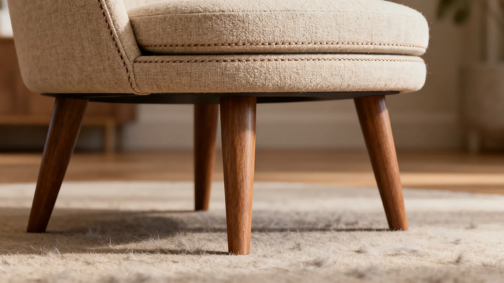 Mid-century compact swivel chair with tapered wooden legs and textured upholstery