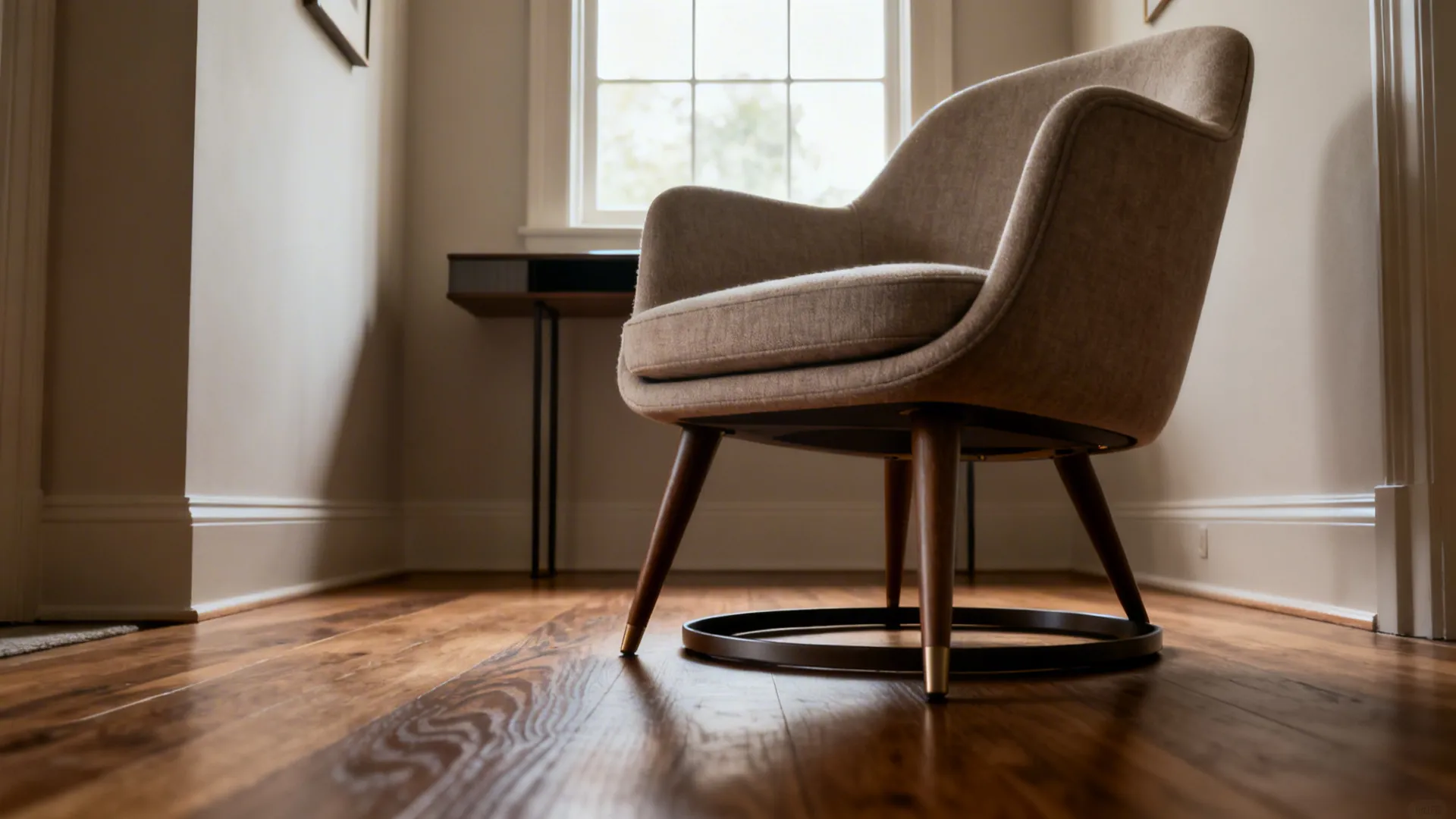 Comfortable fabric armchair with wooden legs placed on a hardwood floor near a bright window
