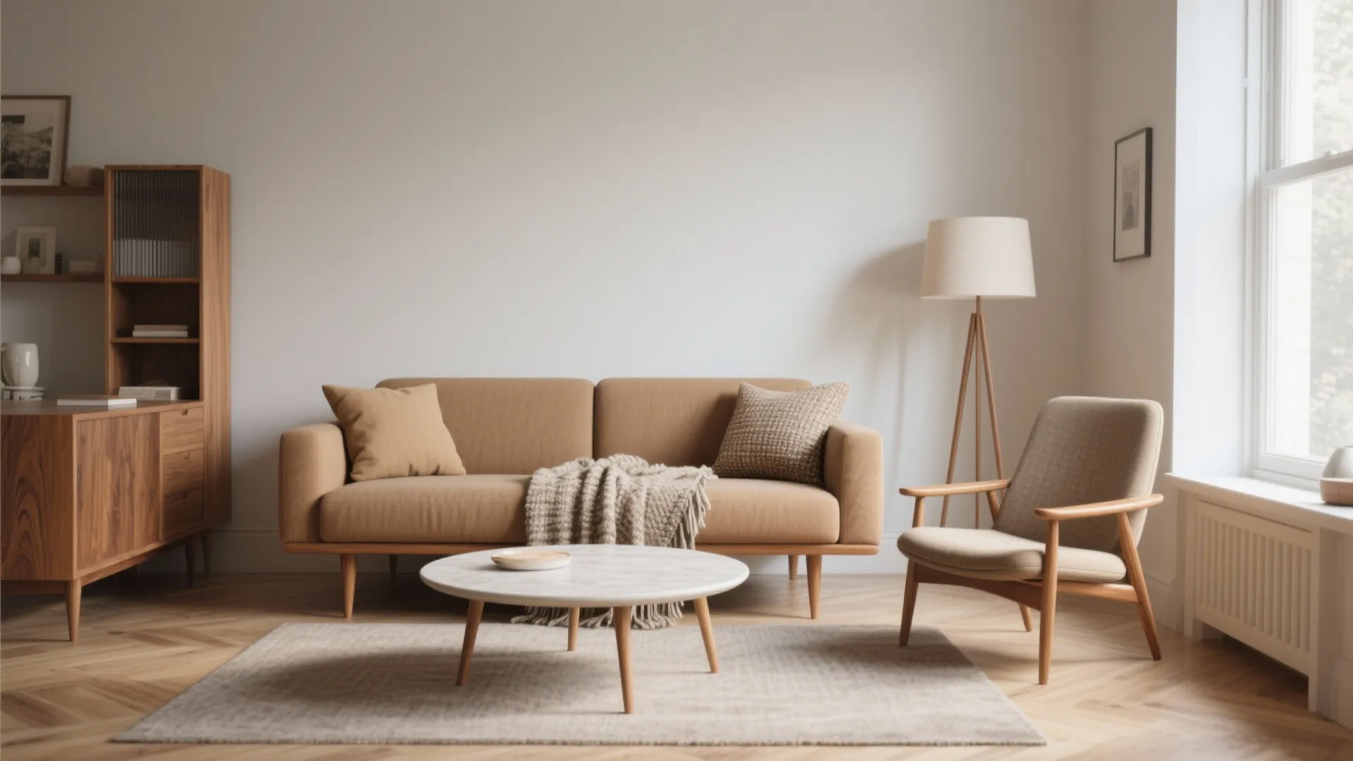 4. Mid-Century Inspired Set: Compact Sofa + Slender Armchair + Round Coffee Table