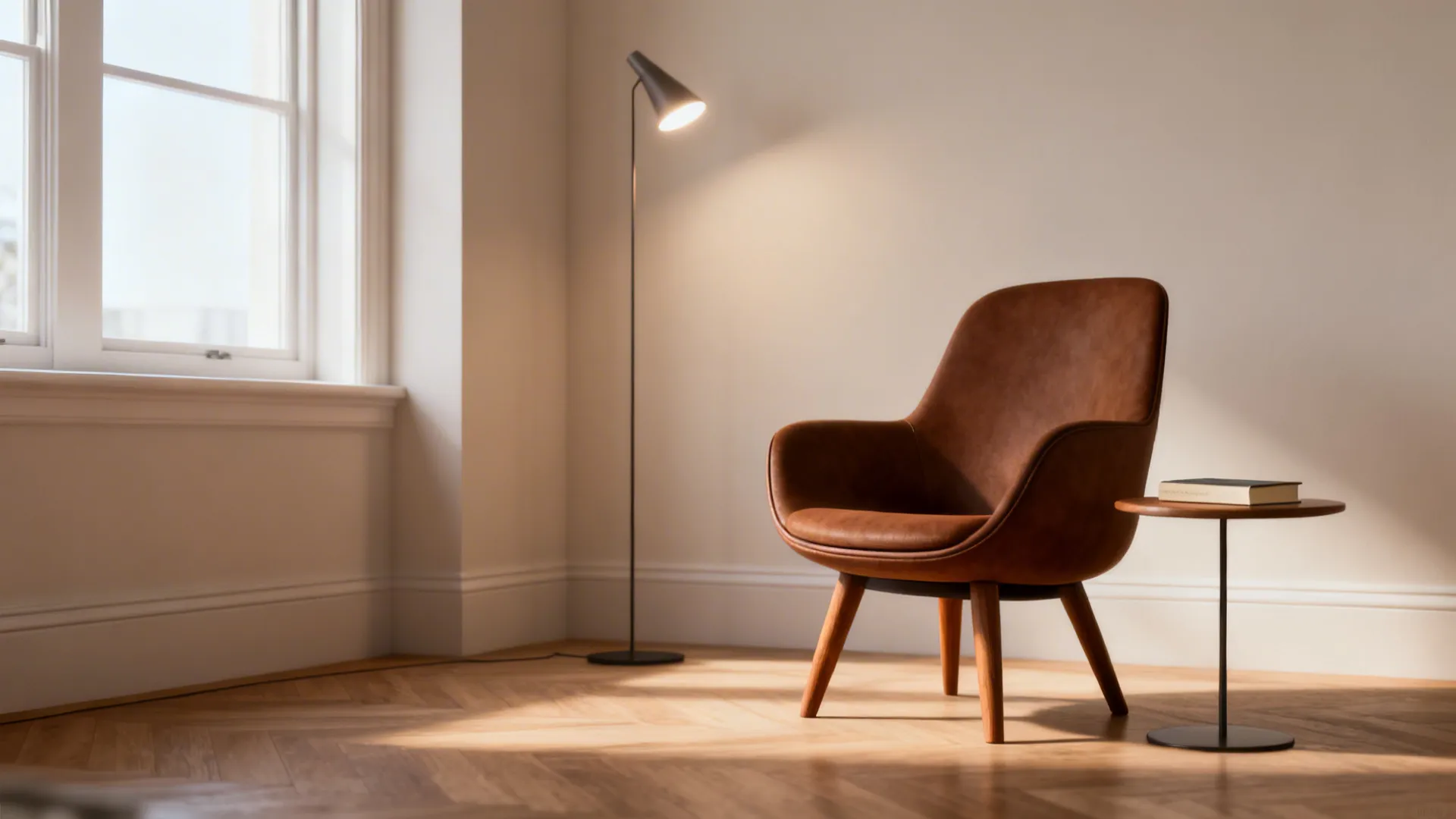 Compact mid-century brown swivel chair in a tight corner reading nook