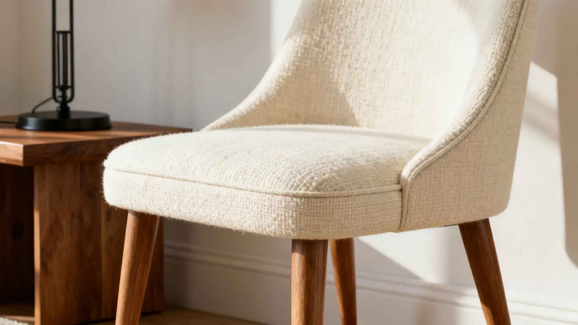 Slim mid-century cream chair with tapered legs and boucle texture close-up