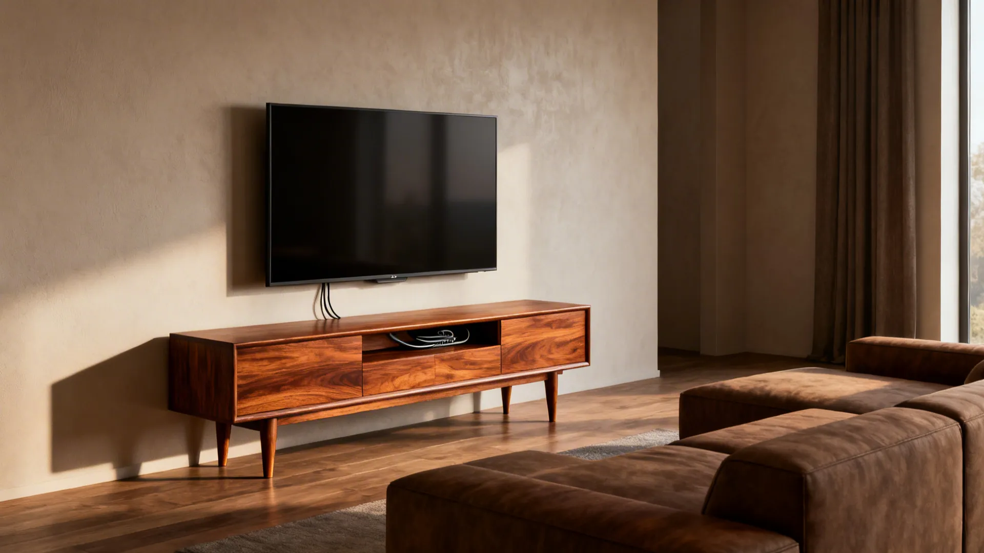 Mid-century modern credenza with continuous wood grain and cable pass-through in a living room