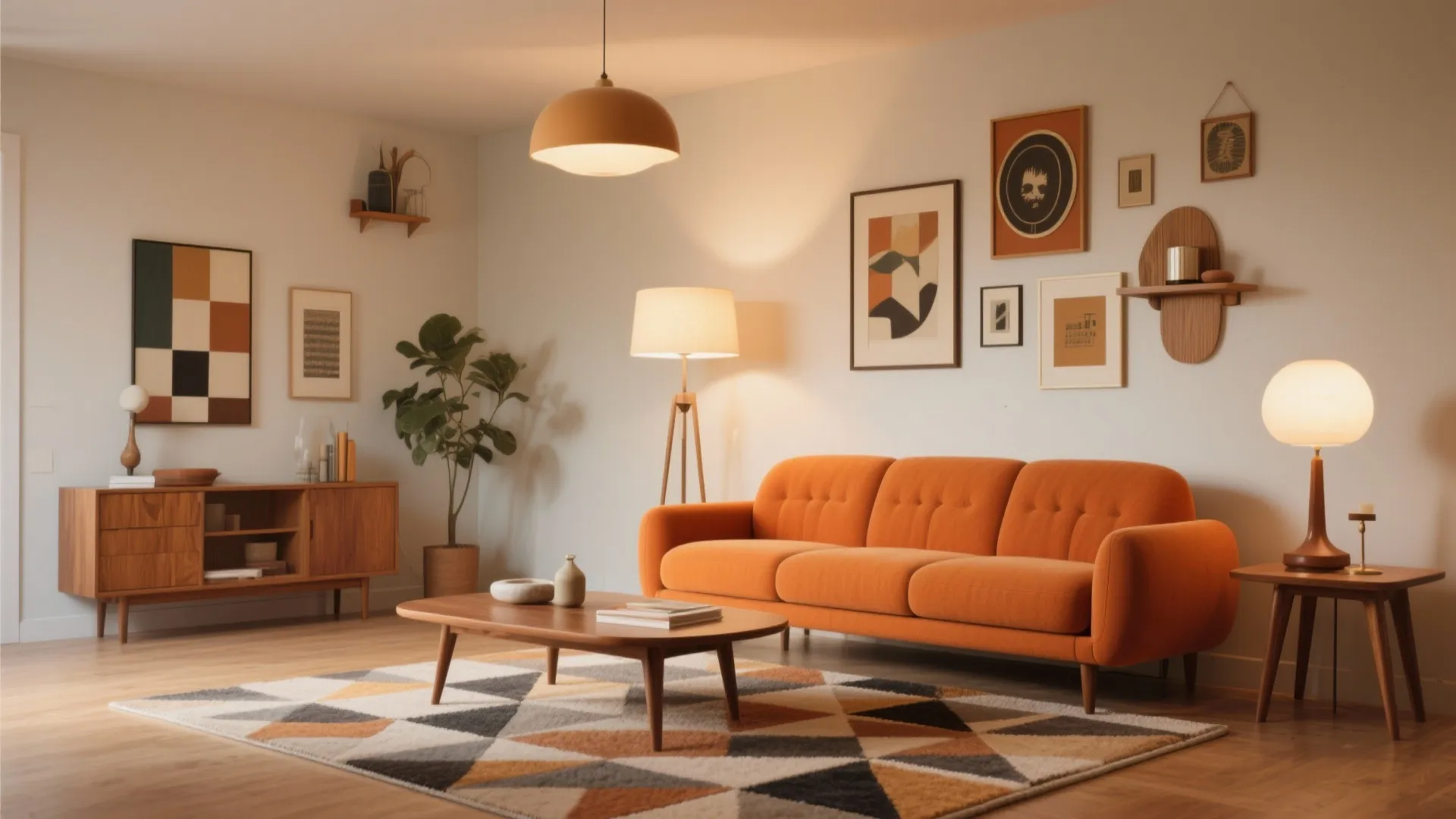 Burnt orange mid-century modern curved sofa in retro room