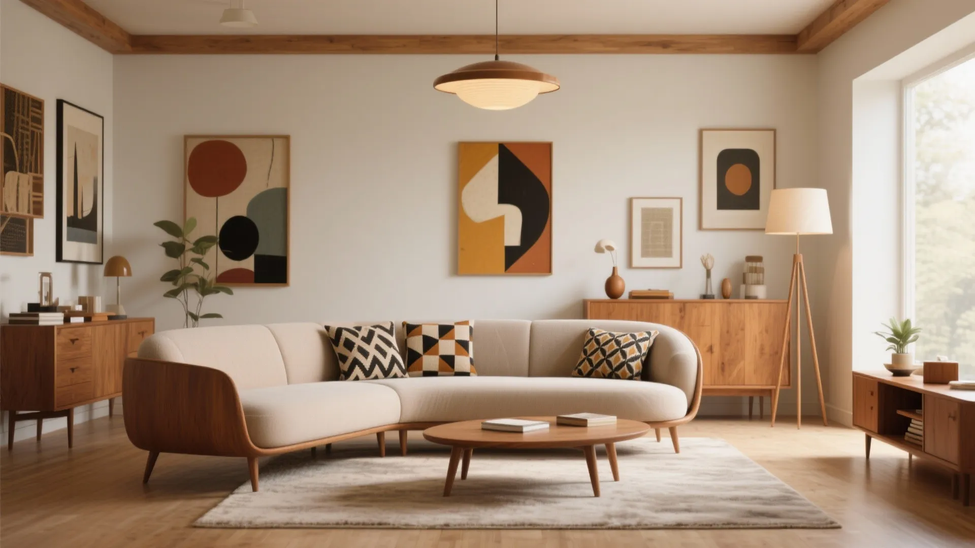 Mid-century modern living room with low-profile curved sofa and wooden legs