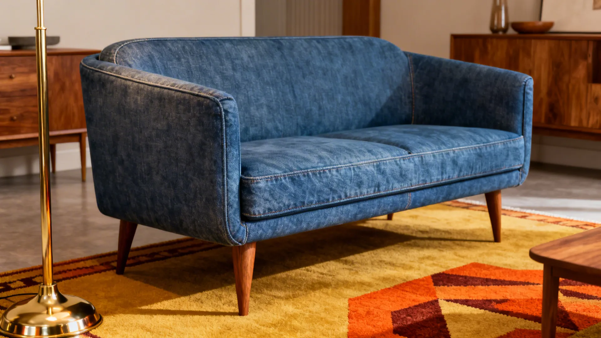Midcentury modern room with a denim-blue sofa, tapered legs, geometric rug and brass lighting.