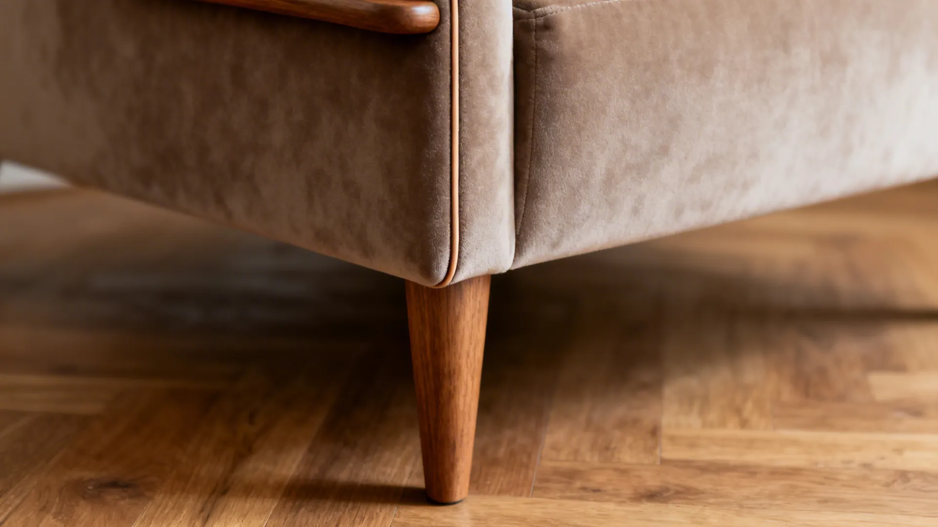 Close-up of a slim mid-century armchair's tapered leg and narrow armrest showing fabric texture and wood grain.