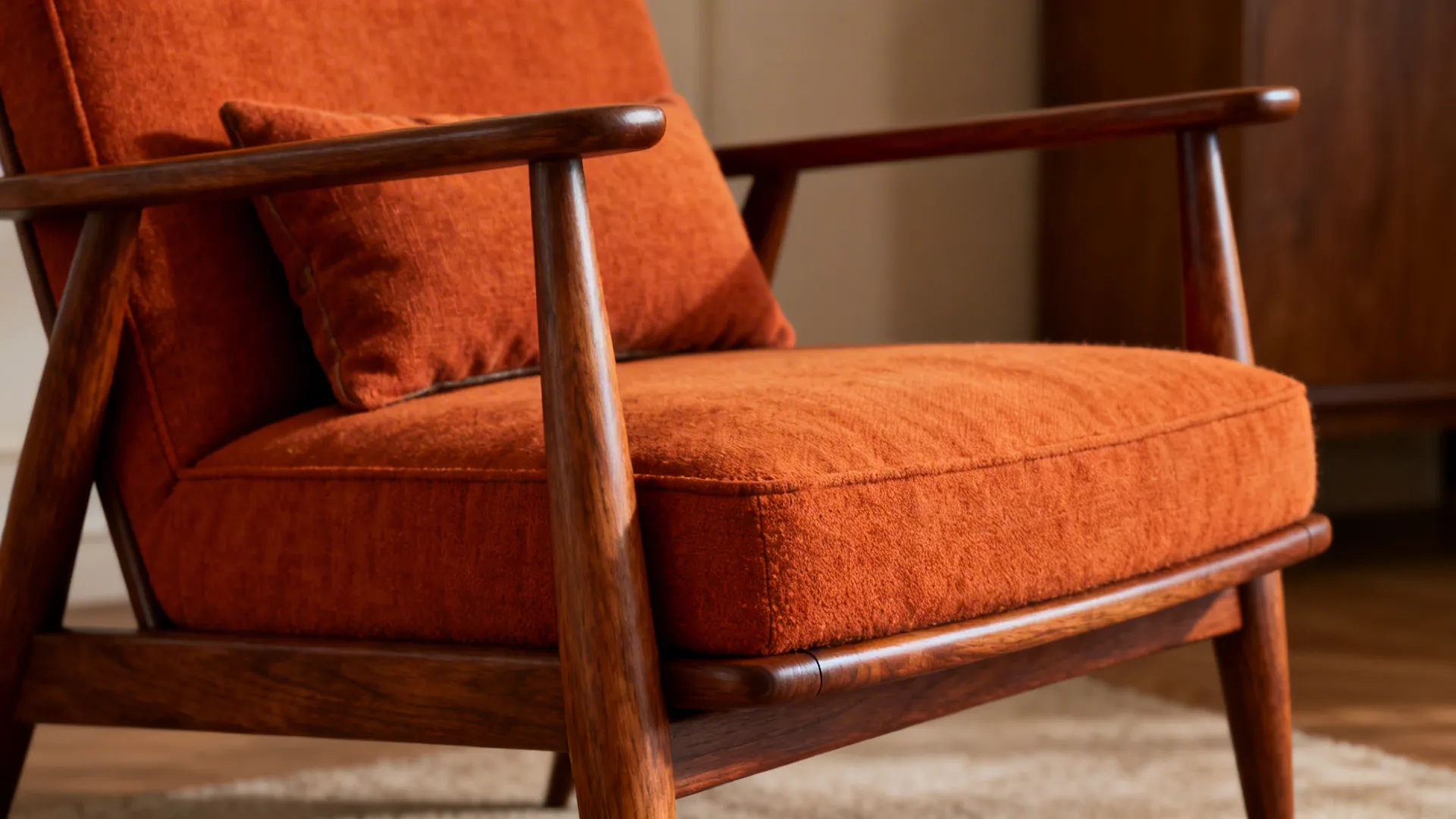Close-up of mid-century burnt orange chair showing walnut legs and rich upholstery texture.