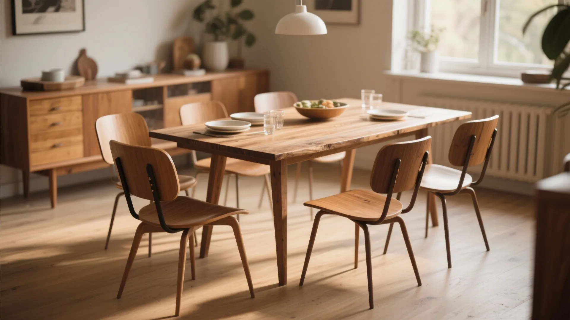 Wooden dining table and chairs with minimalist design placed on a light wood floor with cabinet