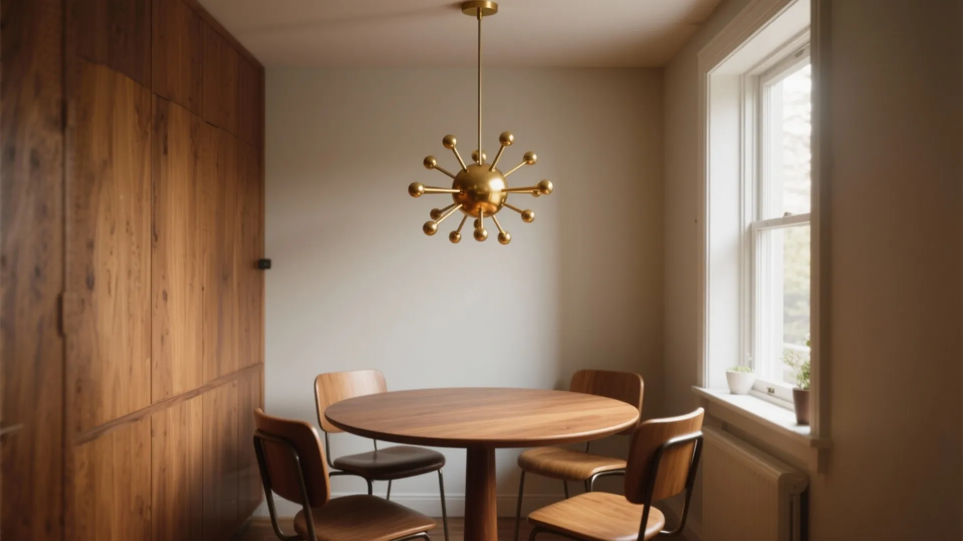 Mid century dining space with wooden round table gold ceiling light wood paneling and window