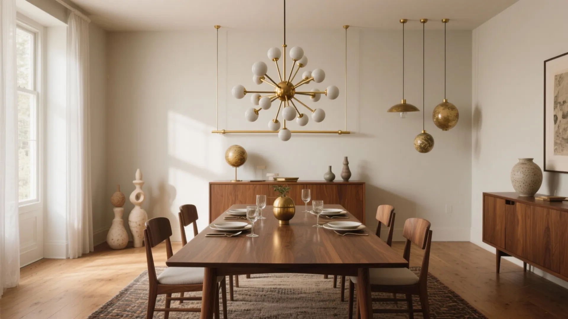 Mid-century dining room featuring wooden table set for dinner with large gold round ceiling light