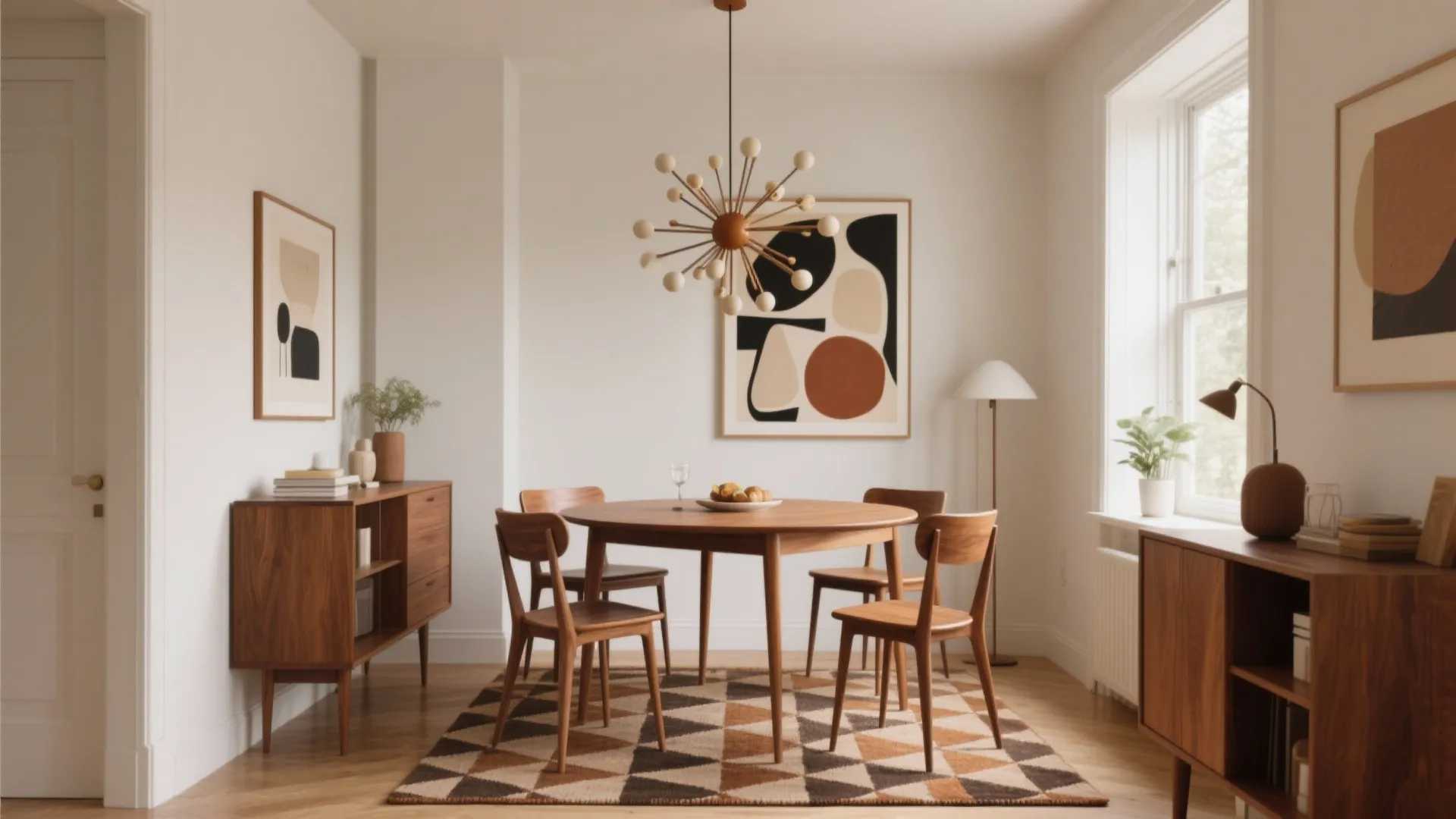 Warm dining area featuring round wooden table patterned rug wall art cabinet and unique ceiling light
