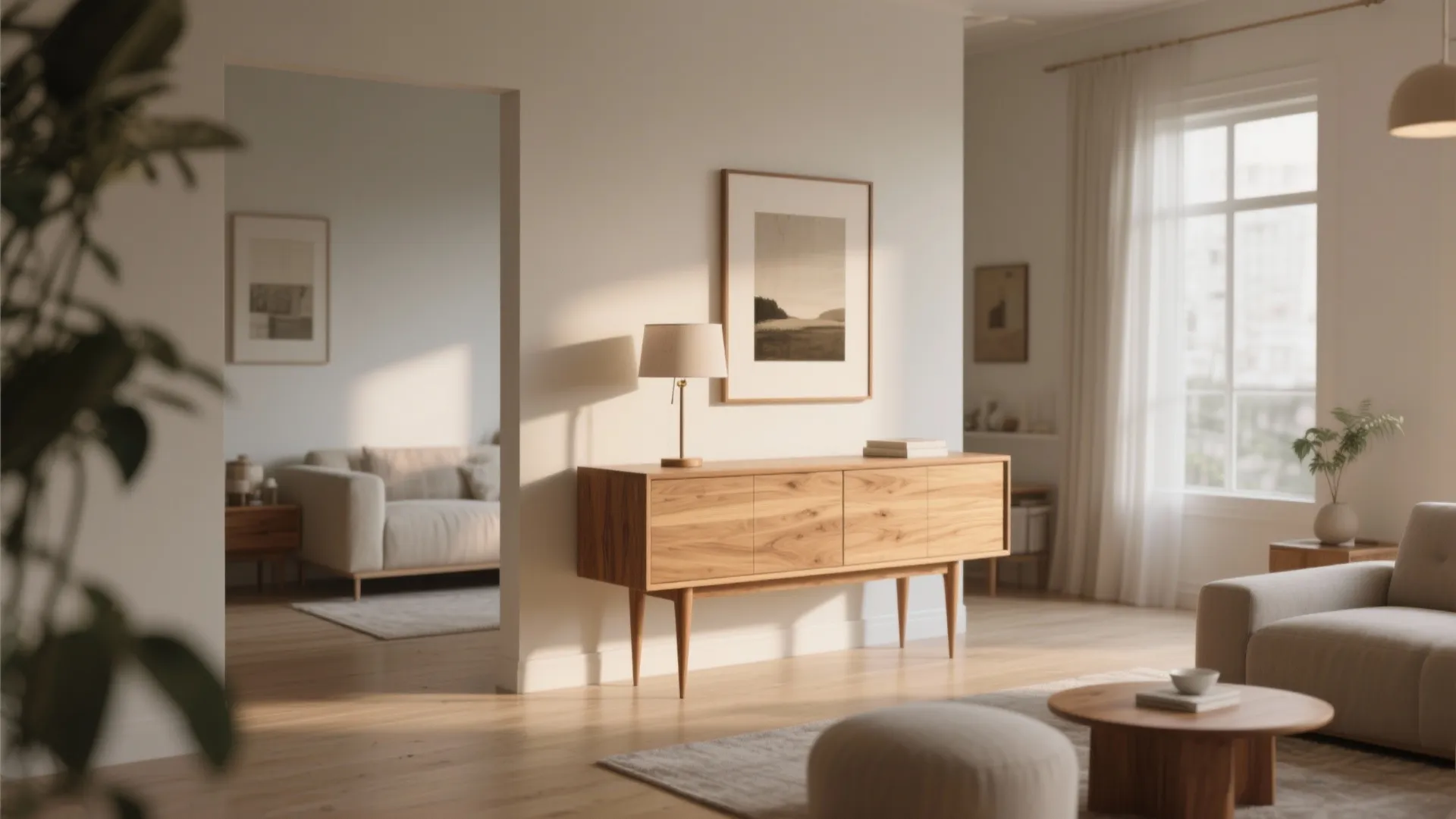Modern wooden cabinet with table lamp and picture frame in bright living room near sunlight