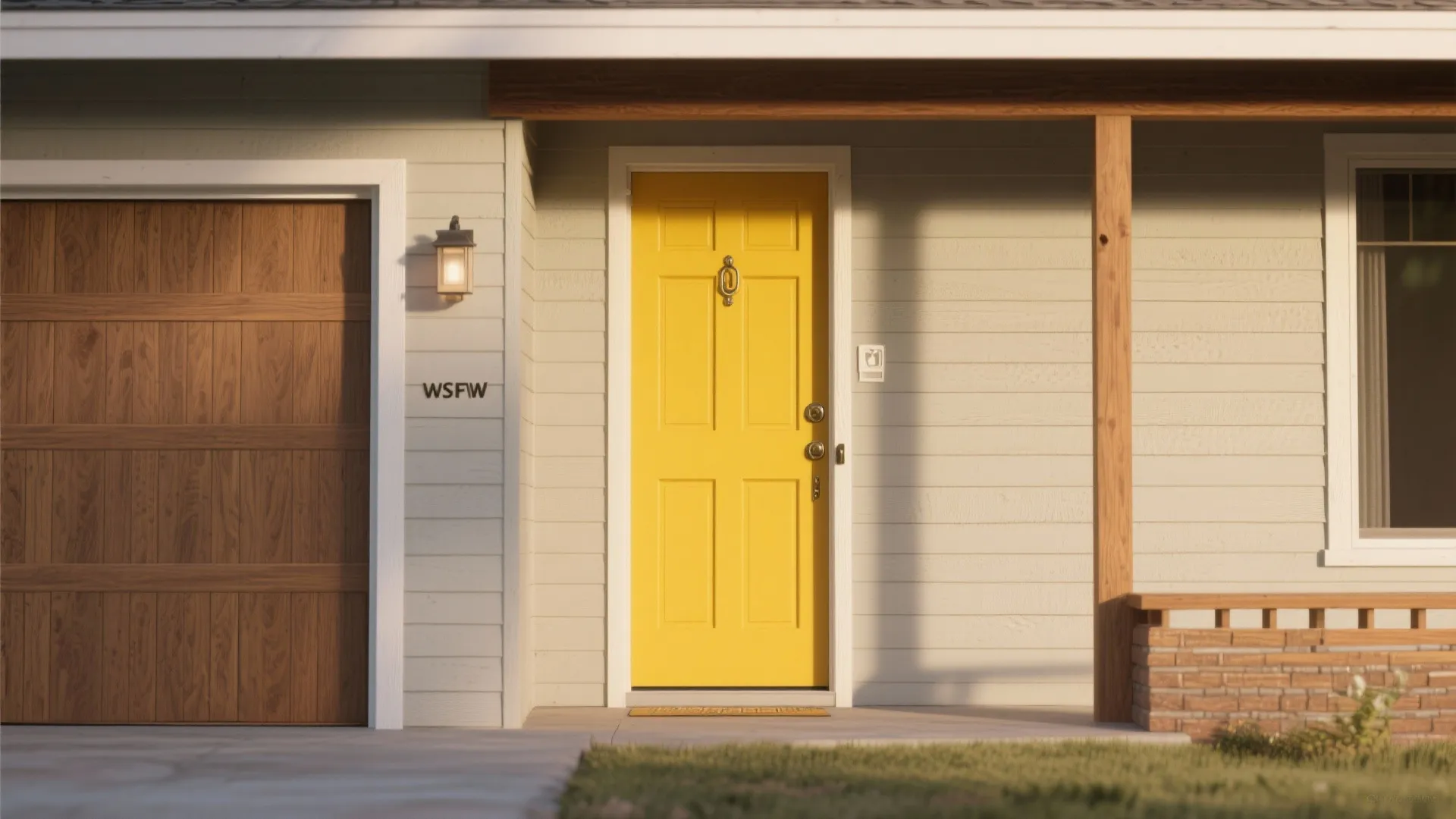 Bright yellow front door next to a wooden garage door with white siding and wall light