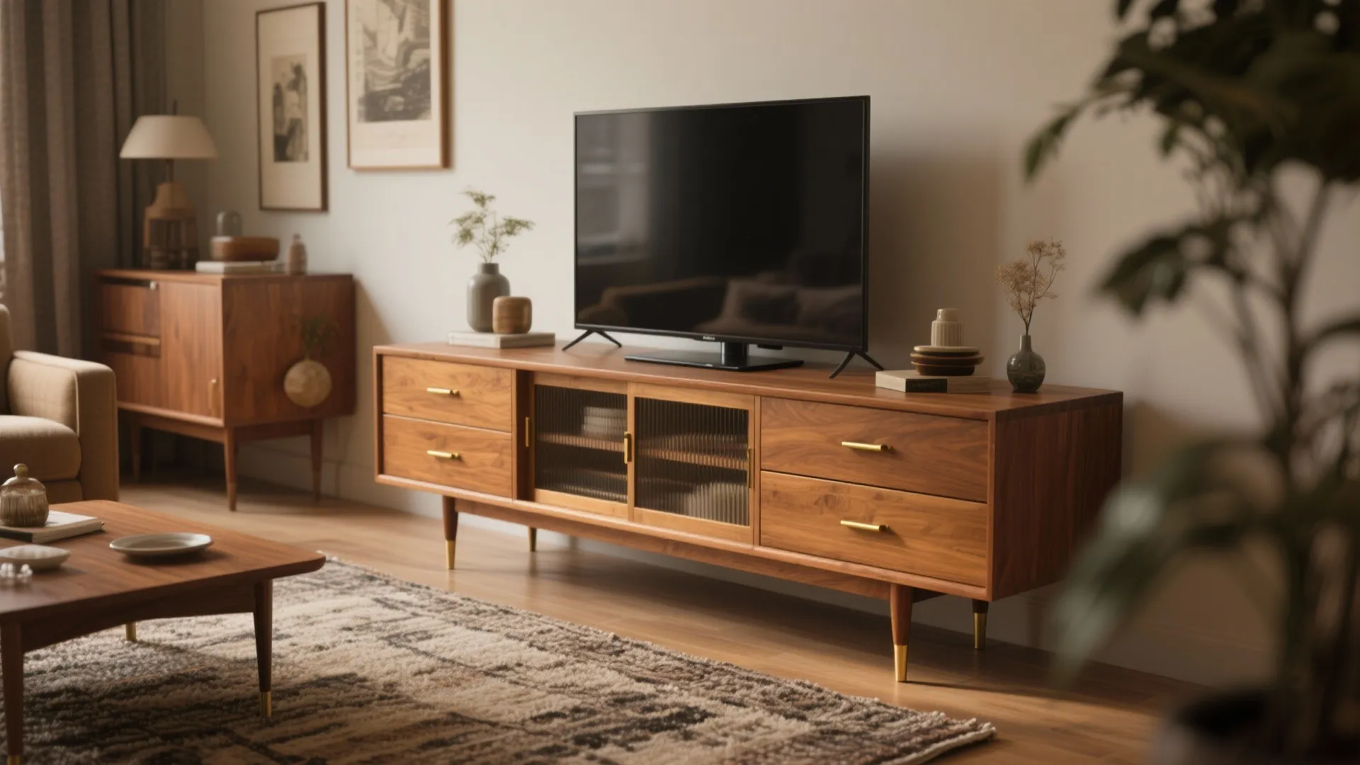 Mid-century modern dresser serving as a TV console