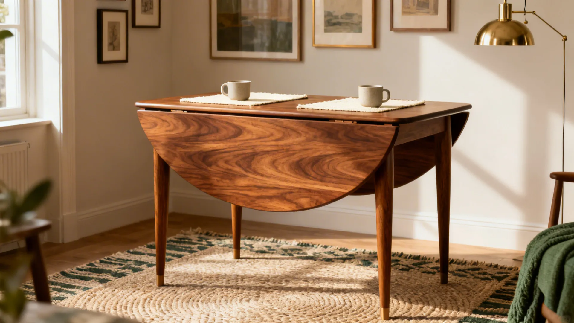 Wooden foldable table on round rug with two cups, wall art, and golden light fixture