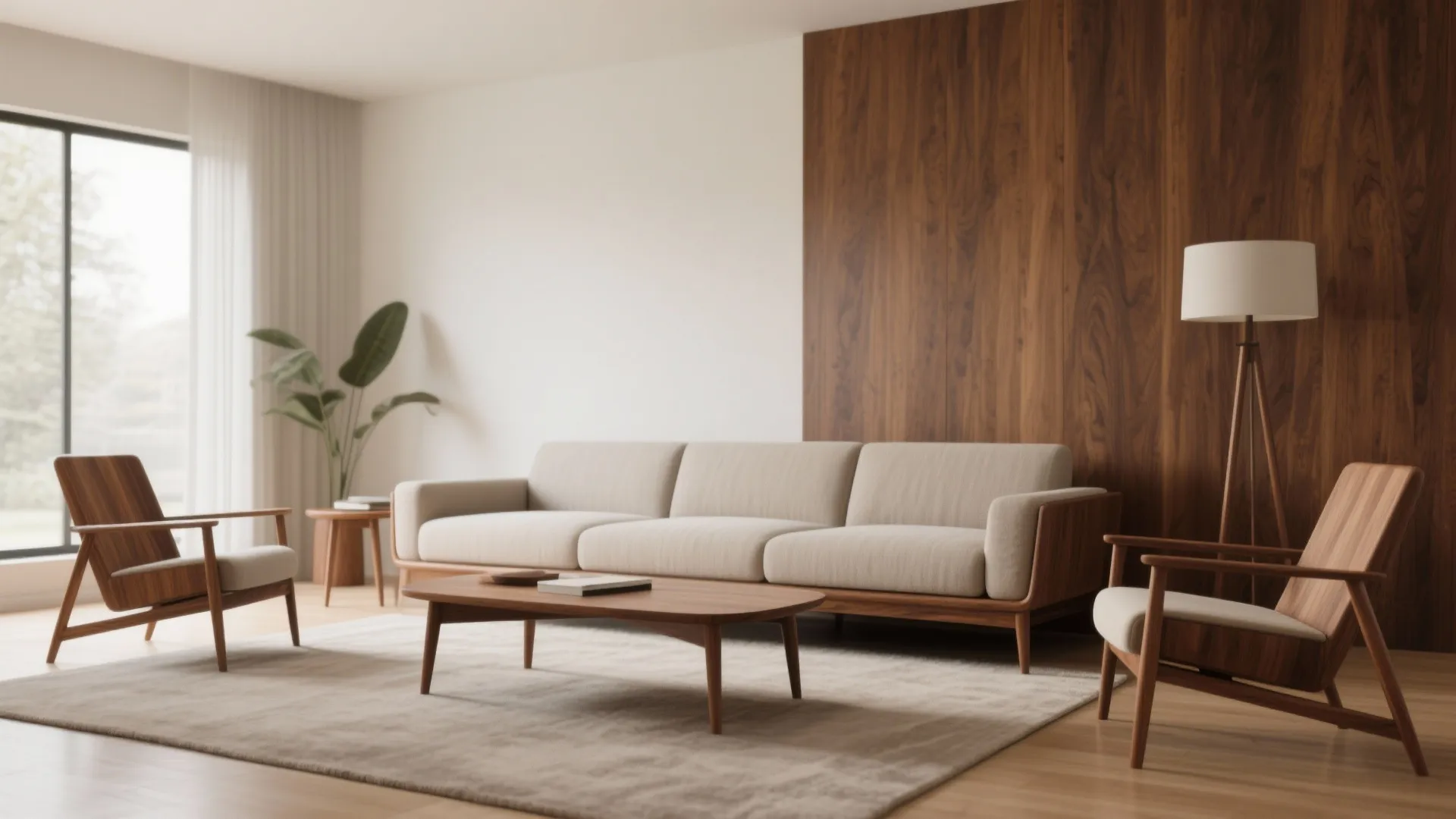 Minimalist living room featuring cream sofa wooden wall panel mid century chairs and floor light fixture