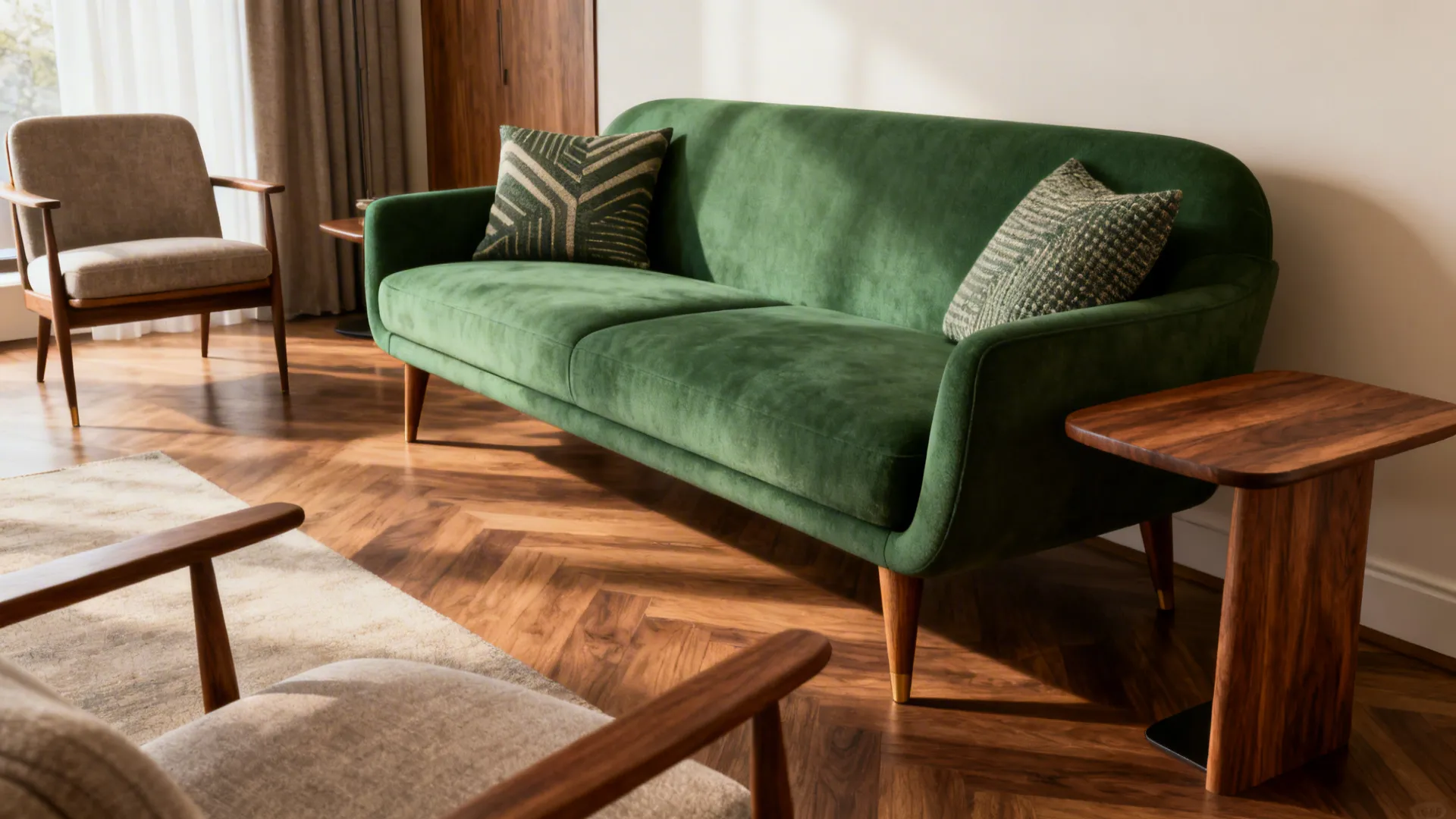 Mid-century modern living room with an emerald sofa, walnut tables and tapered legs.