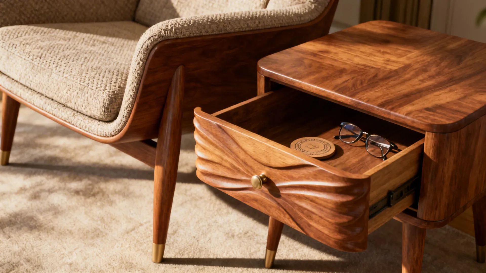 Mid-century inspired wooden end table with a hidden shallow drawer slightly open next to an armchair.