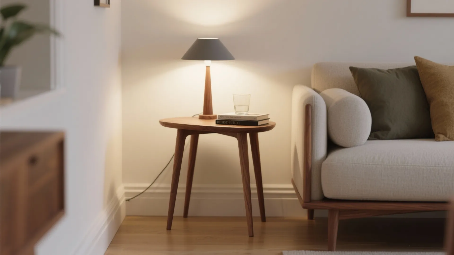 Small wooden side table with lamp and books beside a white sofa with green pillows