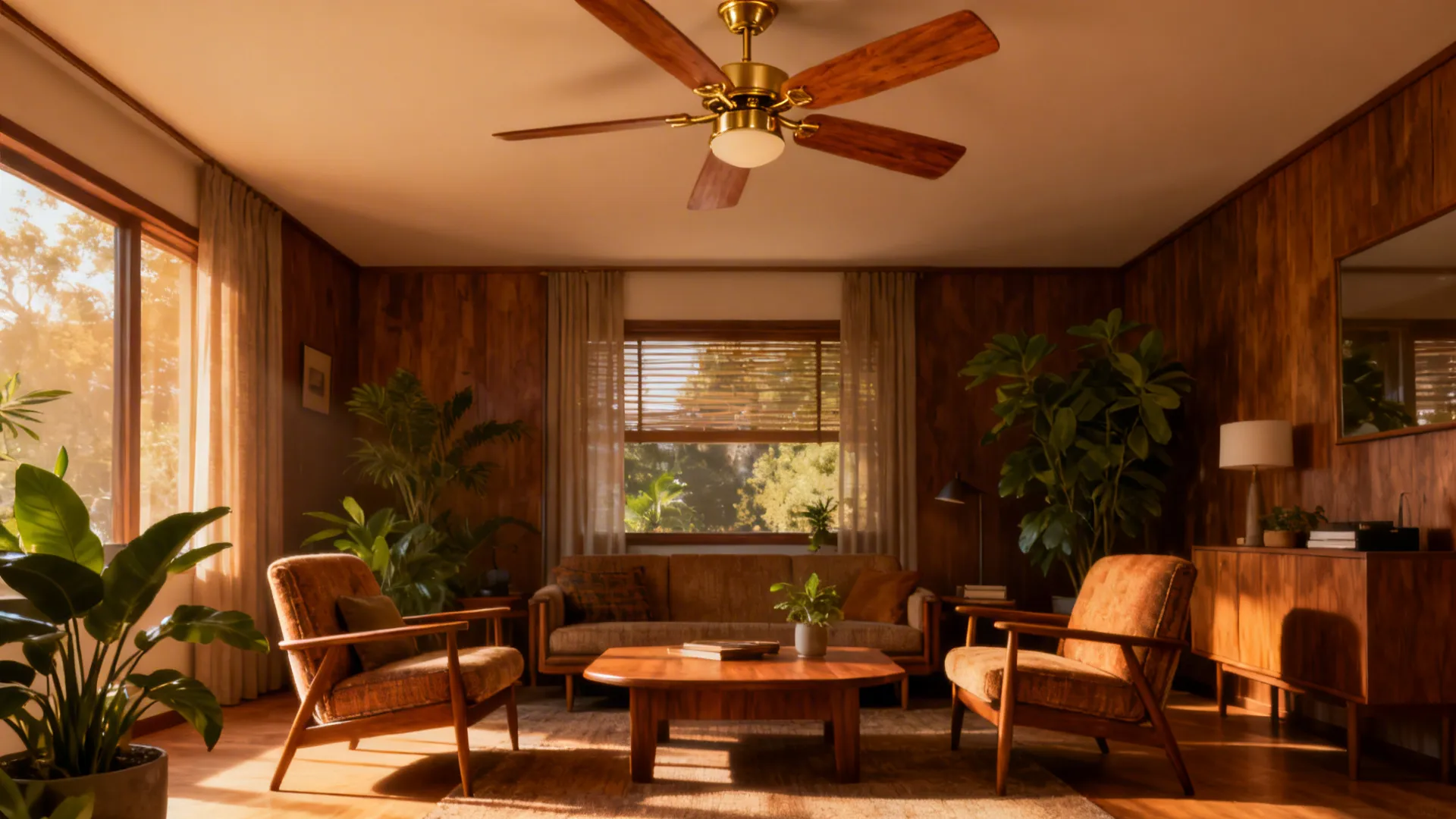 Small living room with a mid-century style wood-blade ceiling fan and brass accents.
