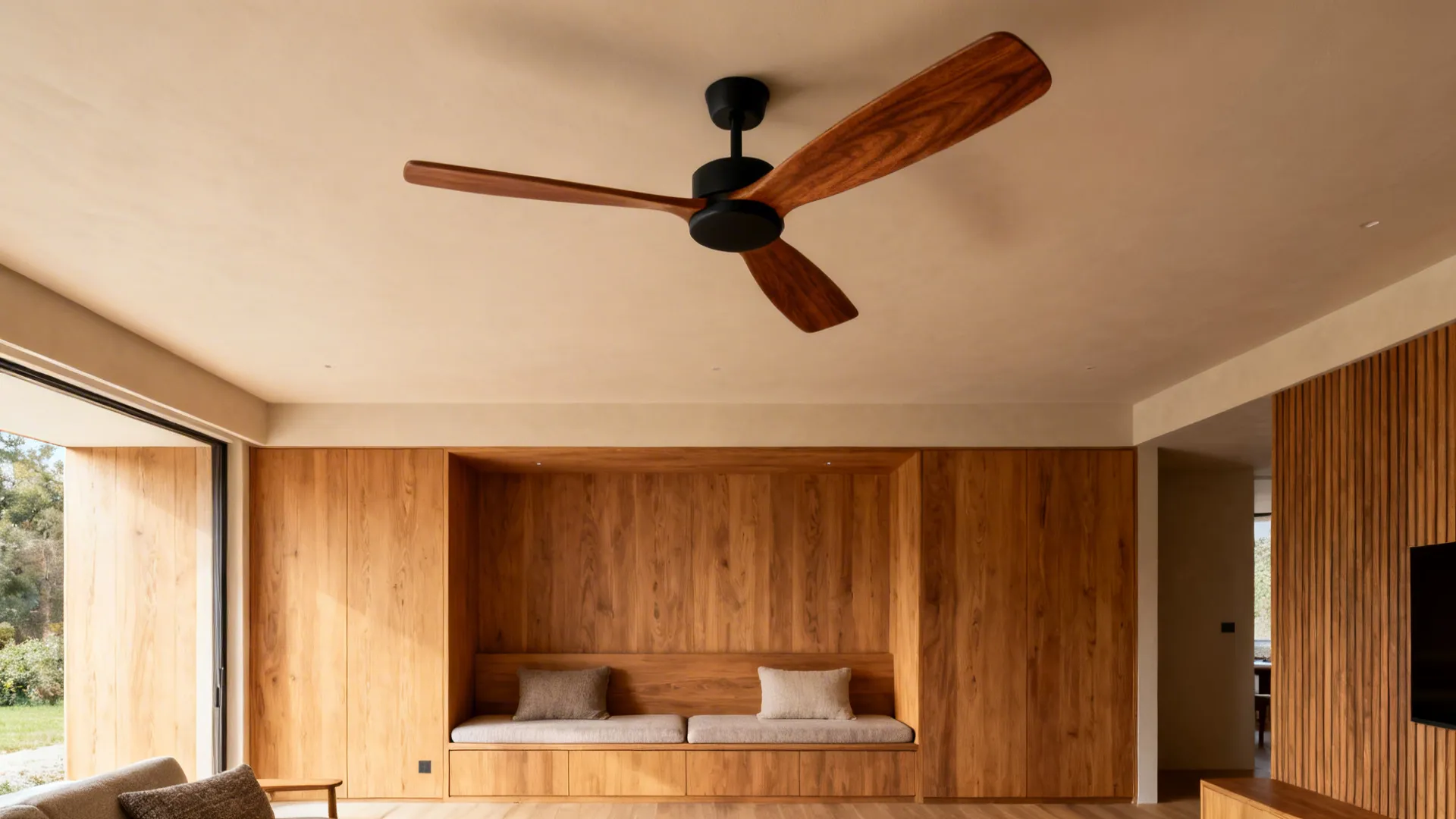 Open living area with a walnut-blade mid-century ceiling fan acting as a subtle focal point