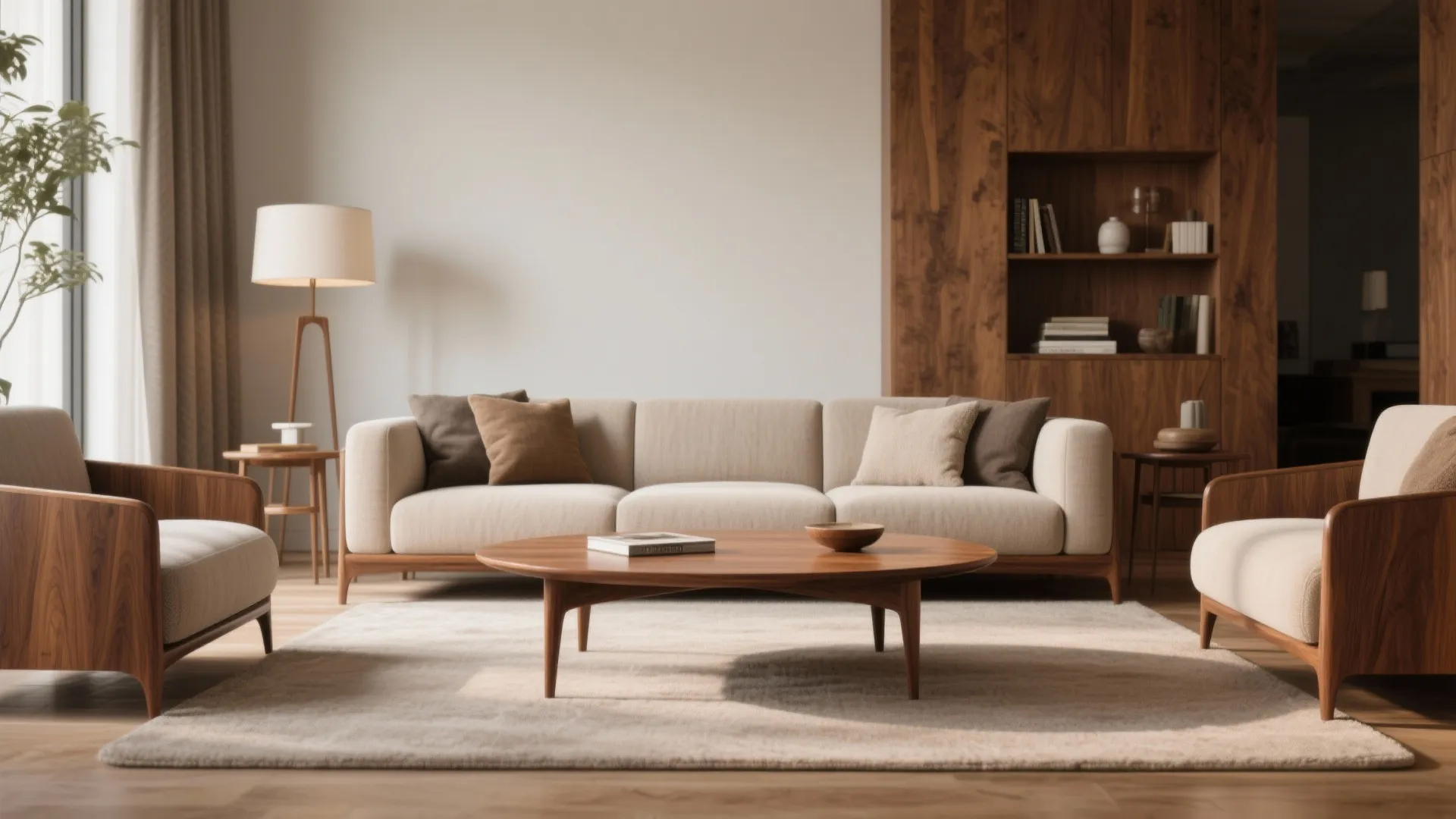Beige sofa with wooden coffee table and matching armchairs on a rug in bright room