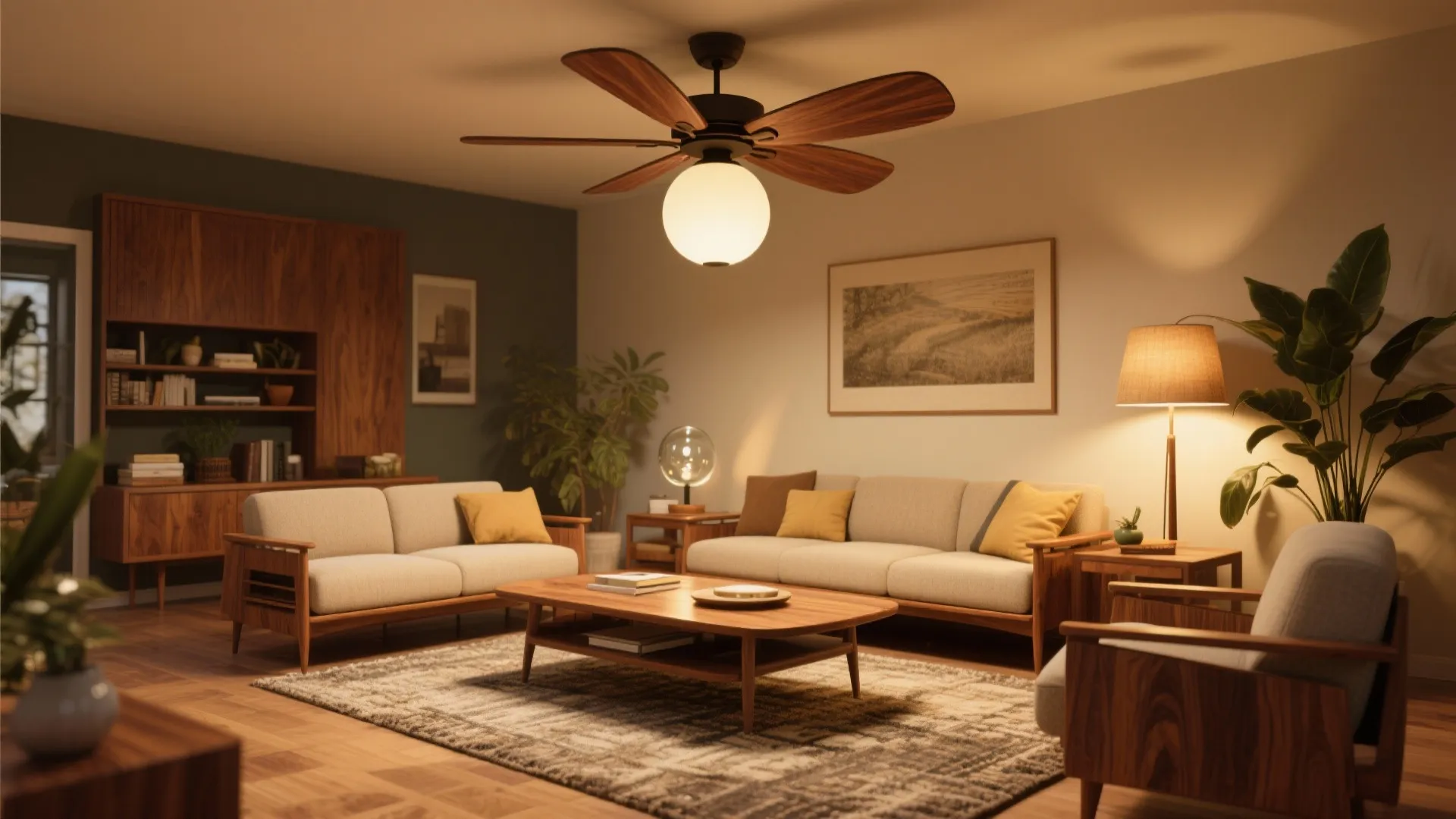 Mid-century living room with walnut-blade fan and opal globe light above a retro sofa