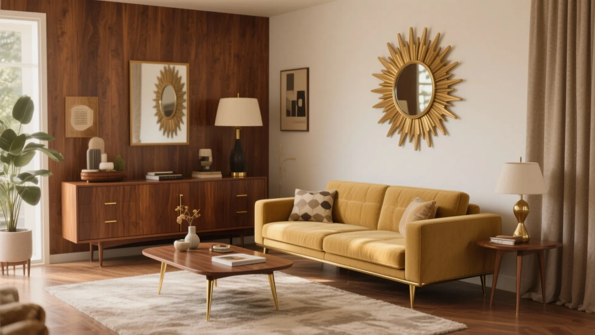 Mid-century living room with yellow sofa, wood wall panel, sun mirror, coffee table, and cabinet