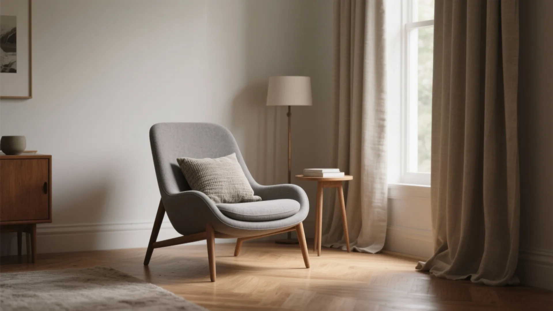 2. Mid-century gray lounge chair — timeless and space-efficient