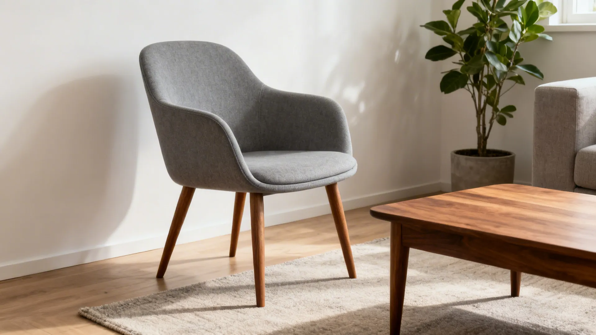 Mid-century gray accent chair with tapered wooden legs beside a warm wood coffee table in a small living room