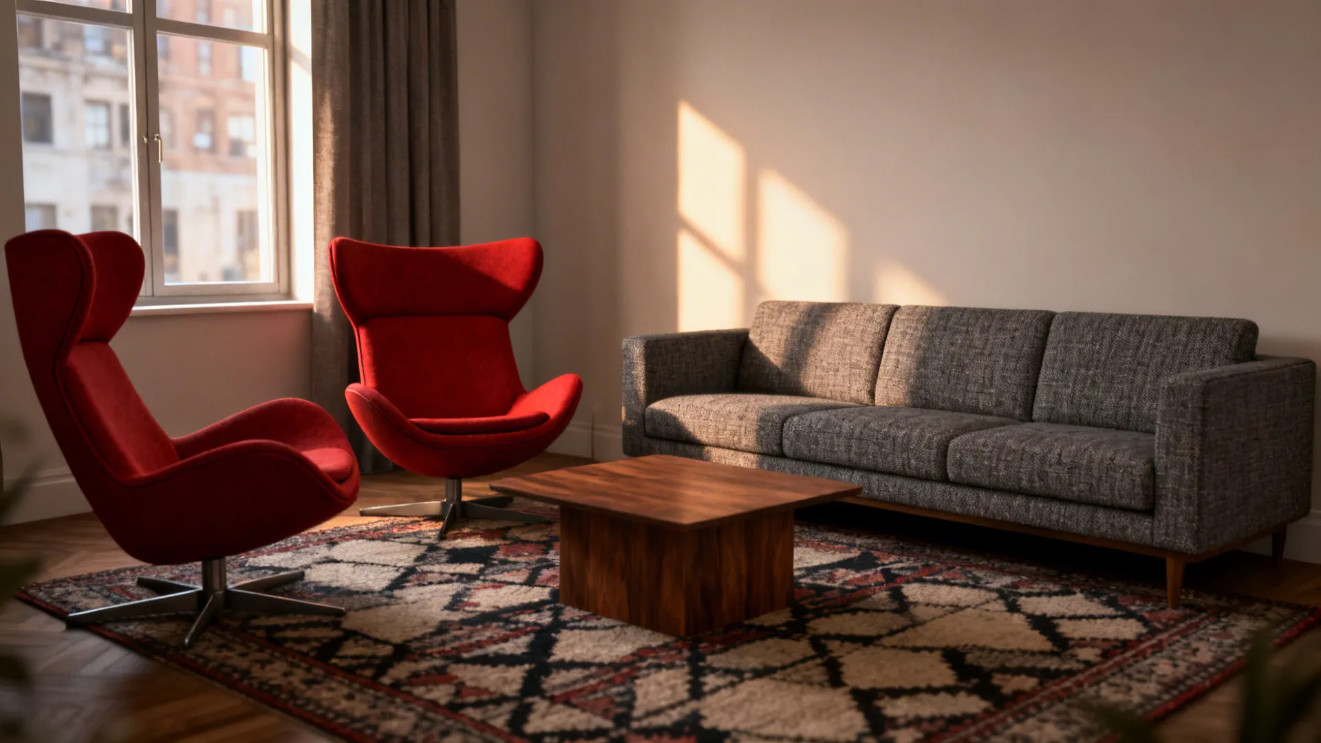 4. Mid-Century Twist: Gray Tweed Sofa + Retro Red Chairs